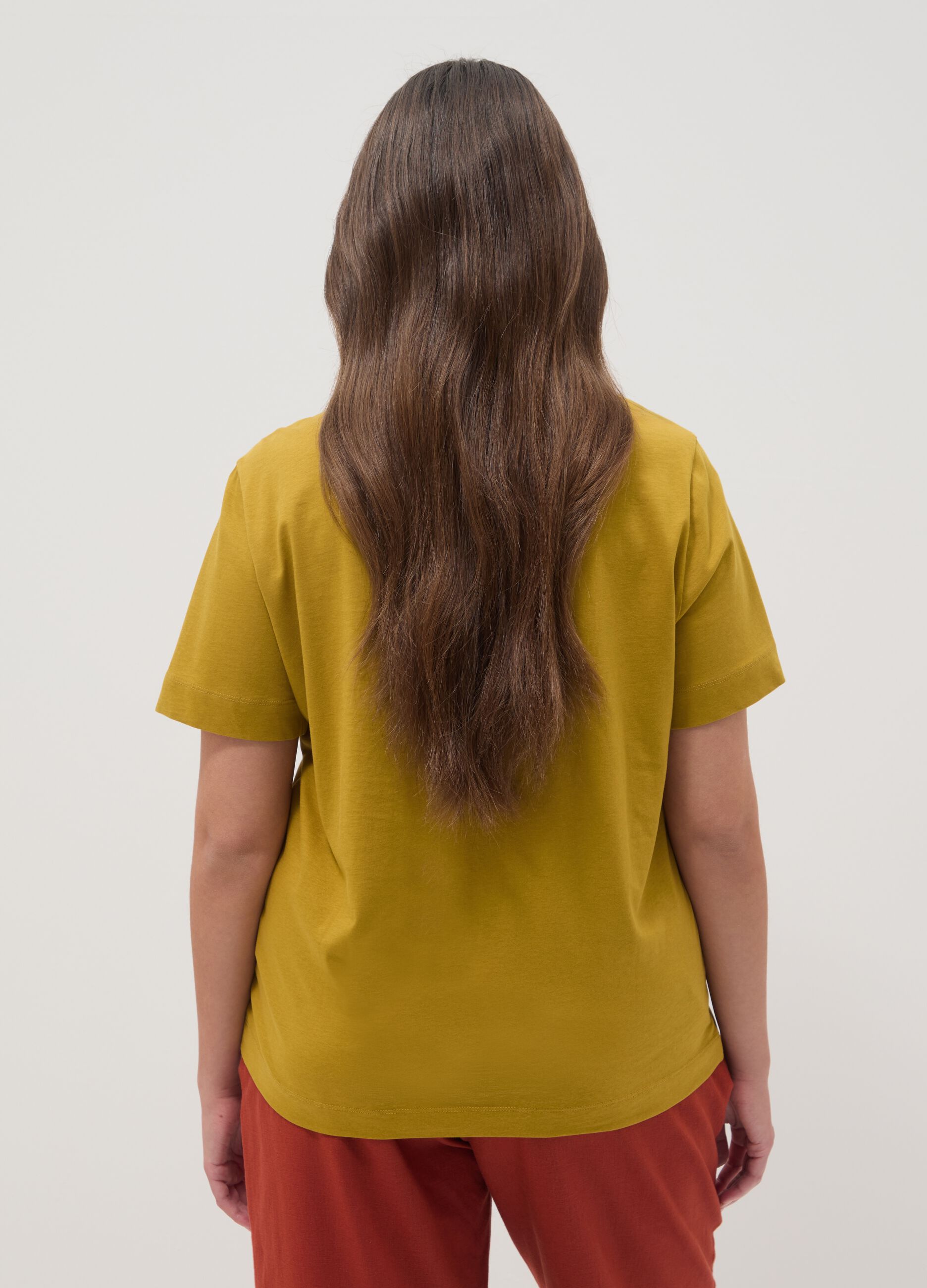 Yellow pure cotton regular fit T-shirt with floral embroidery