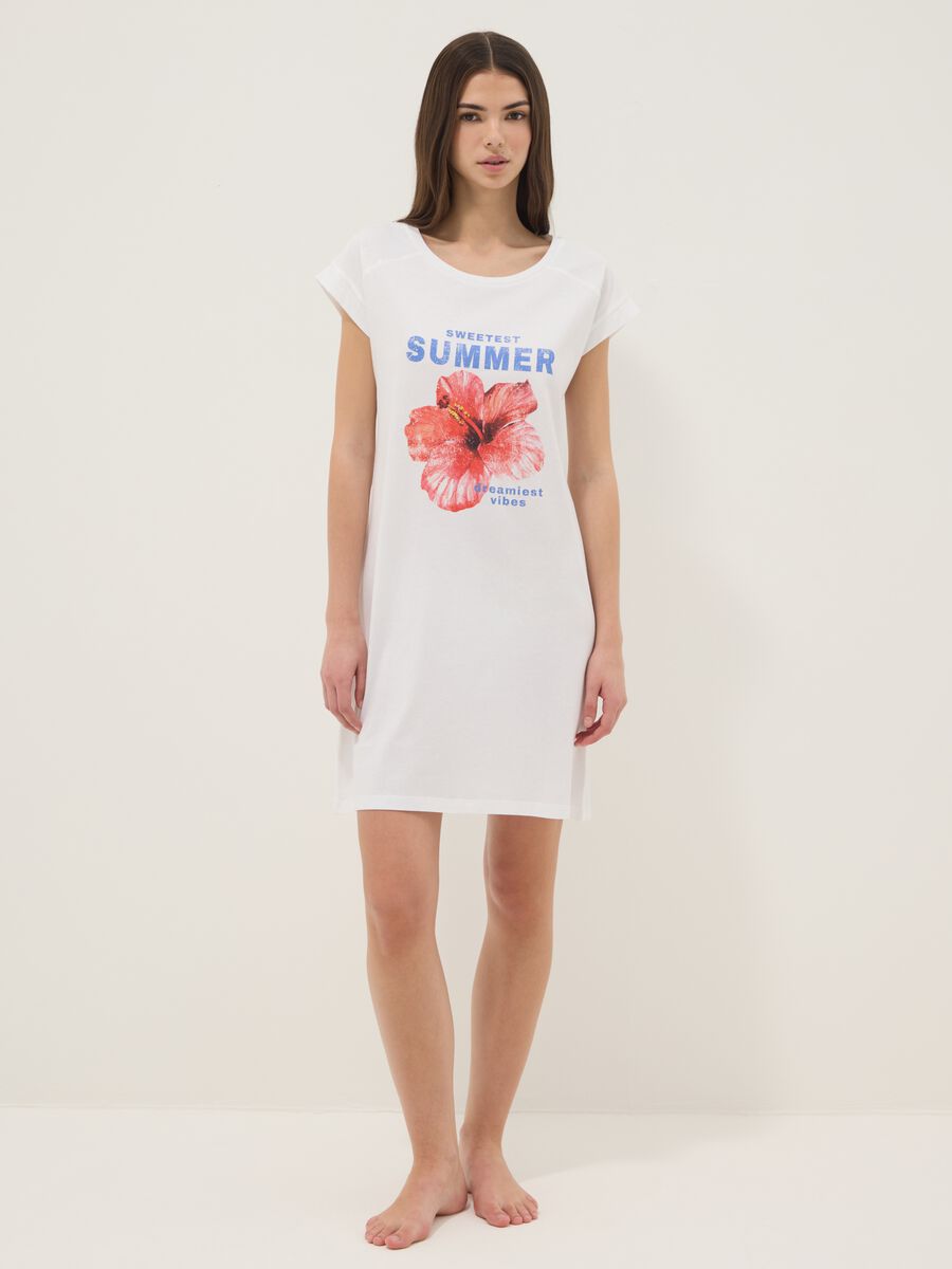 Camicia da notte bianca in puro cotone organico regular fit con fiore_0