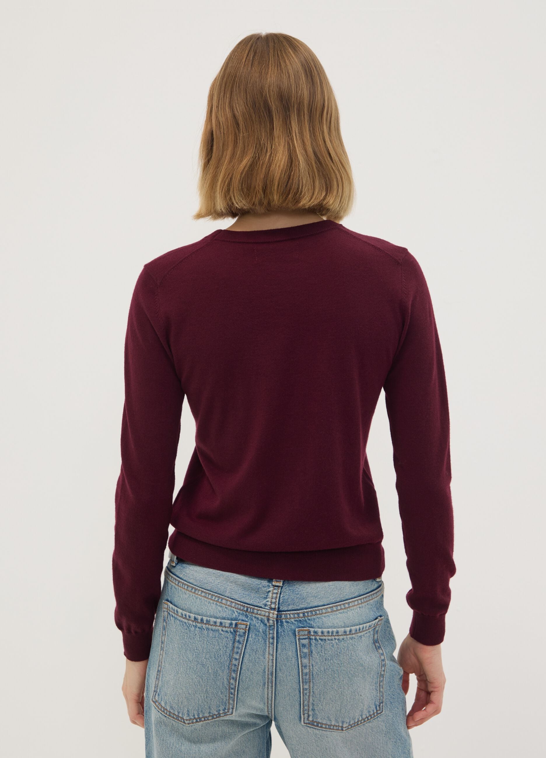 Burgundy crew-neck wool-blend jumper, regular fit