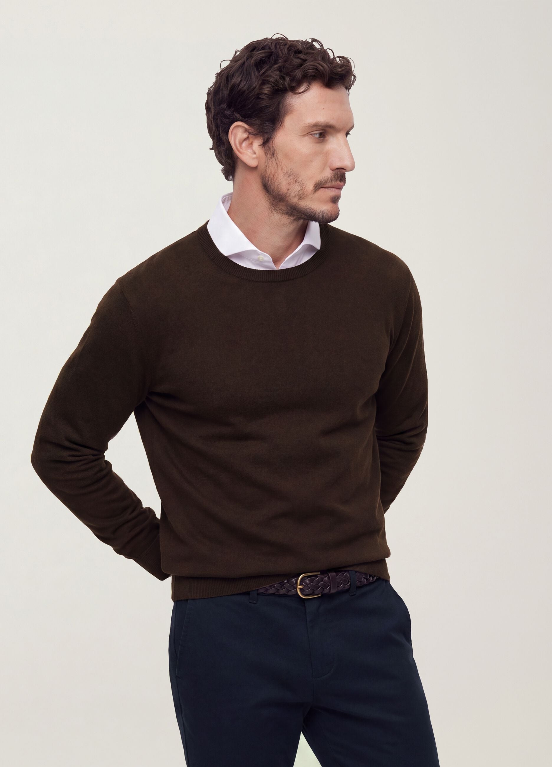 Brown crew-neck viscose-blend jumper, regular fit