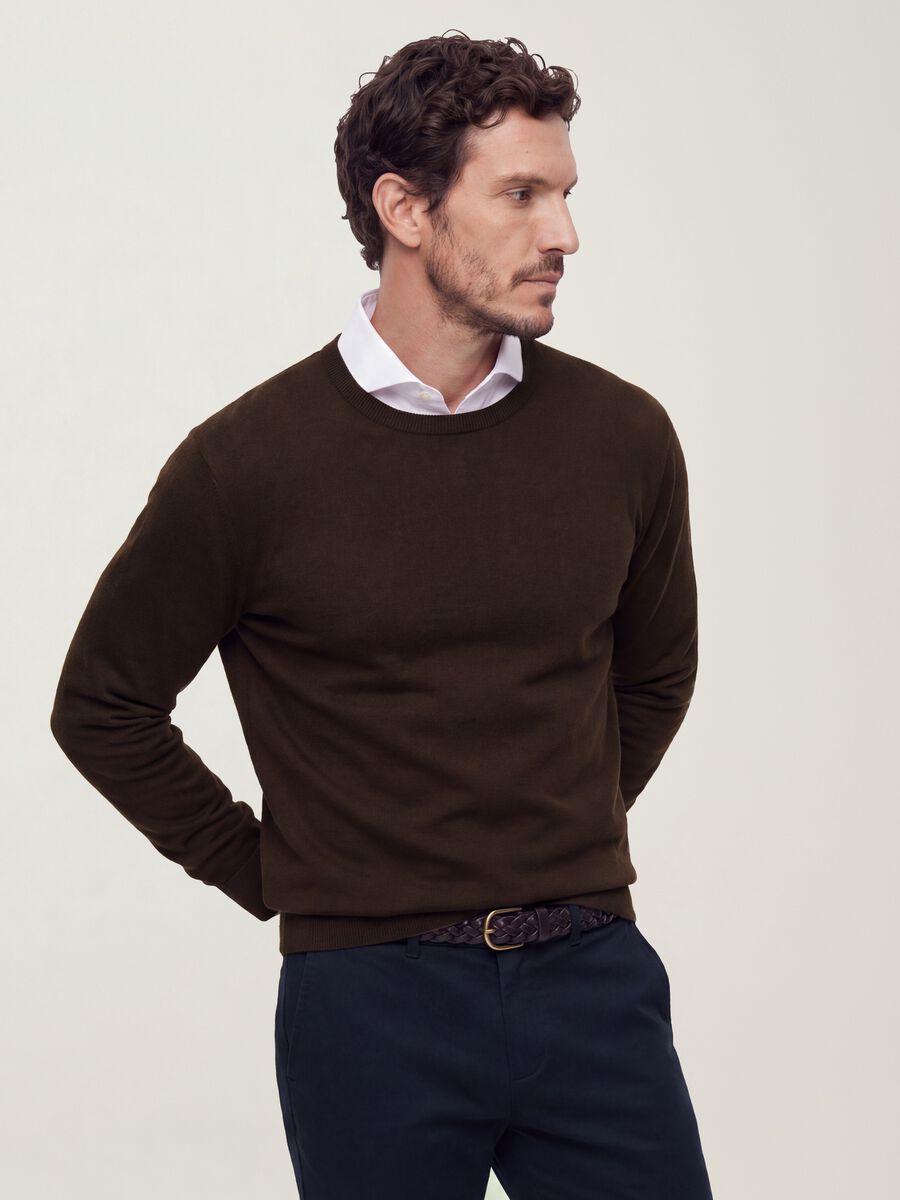 Brown crew-neck viscose-blend jumper, regular fit_0