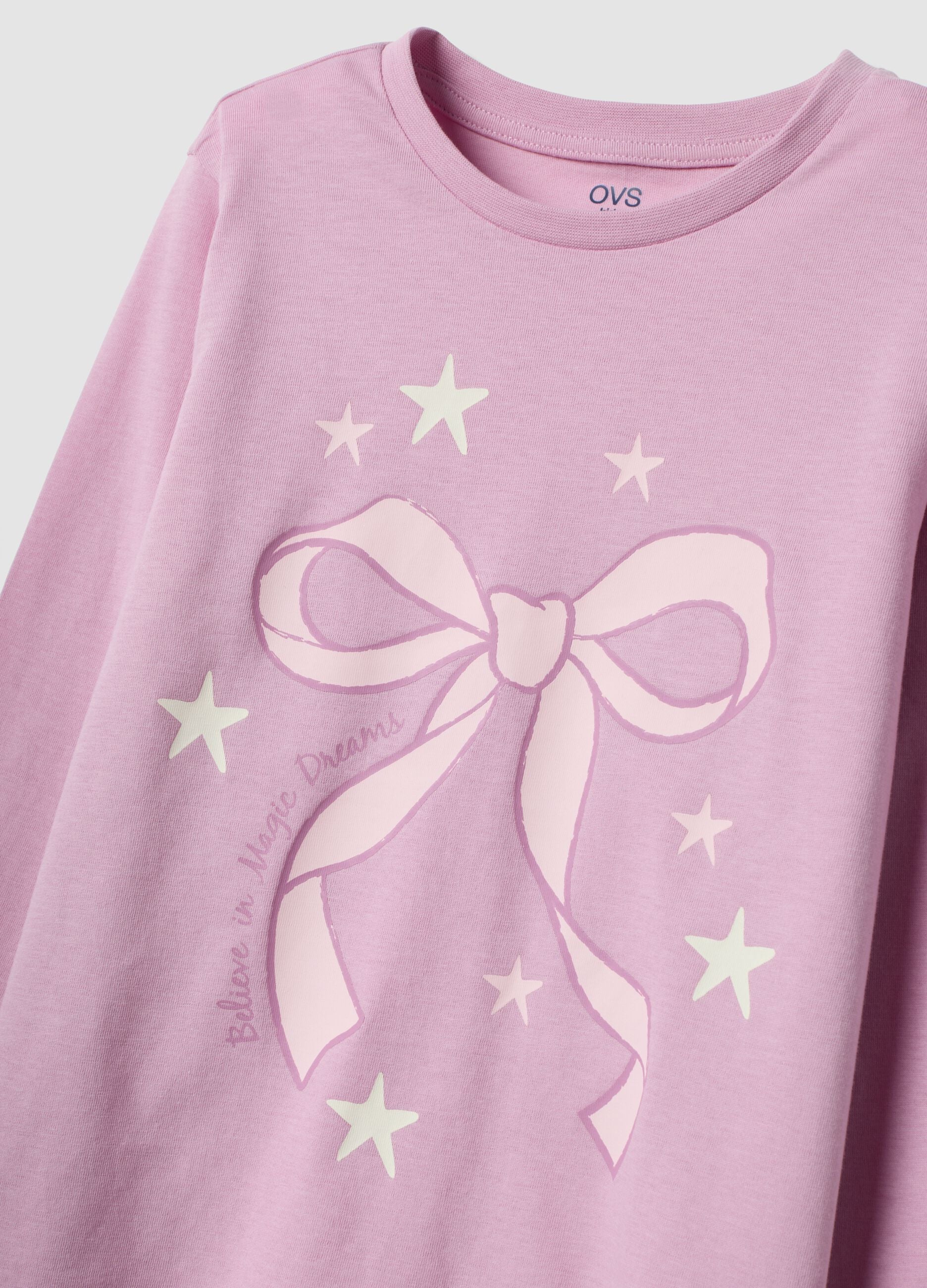 Pink organic cotton jersey pyjamas with bow print