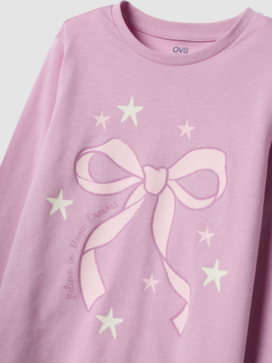 Pink organic cotton jersey pyjamas with bow print_2