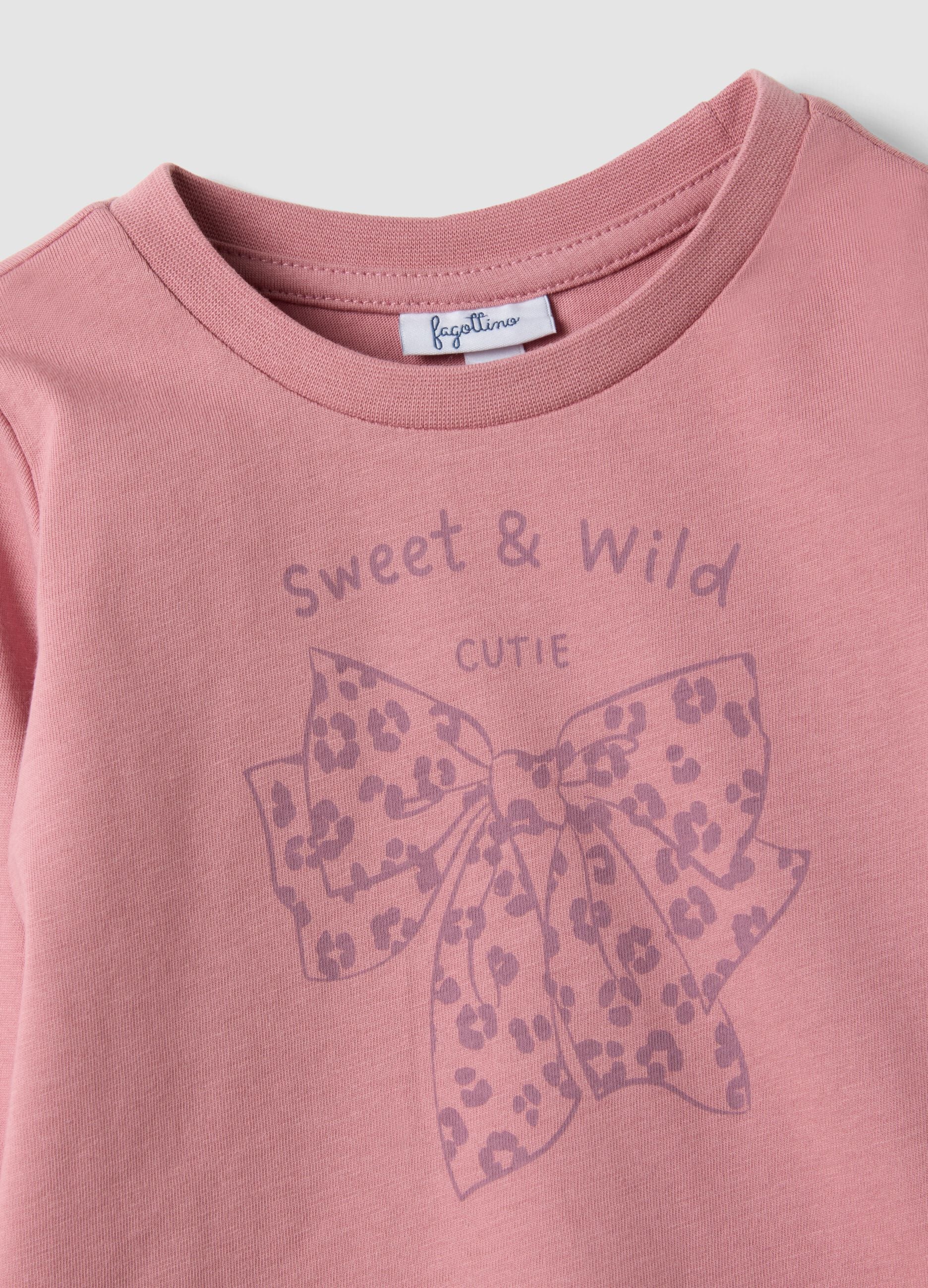 Pink pure organic cotton T-shirt with bow print for baby girl