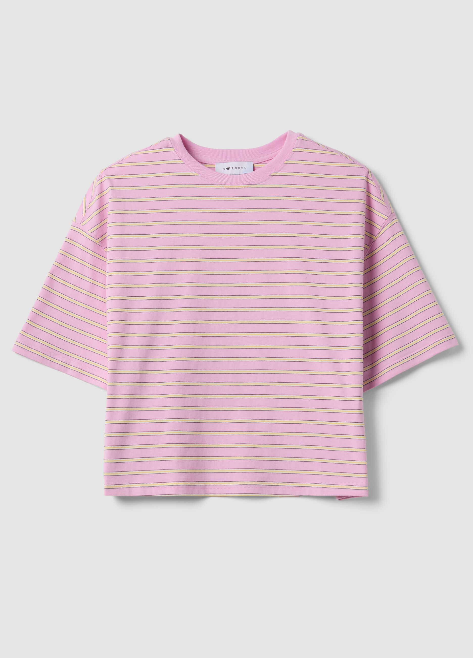 Pink pure cotton T-shirt with yellow stripes, boxy fit