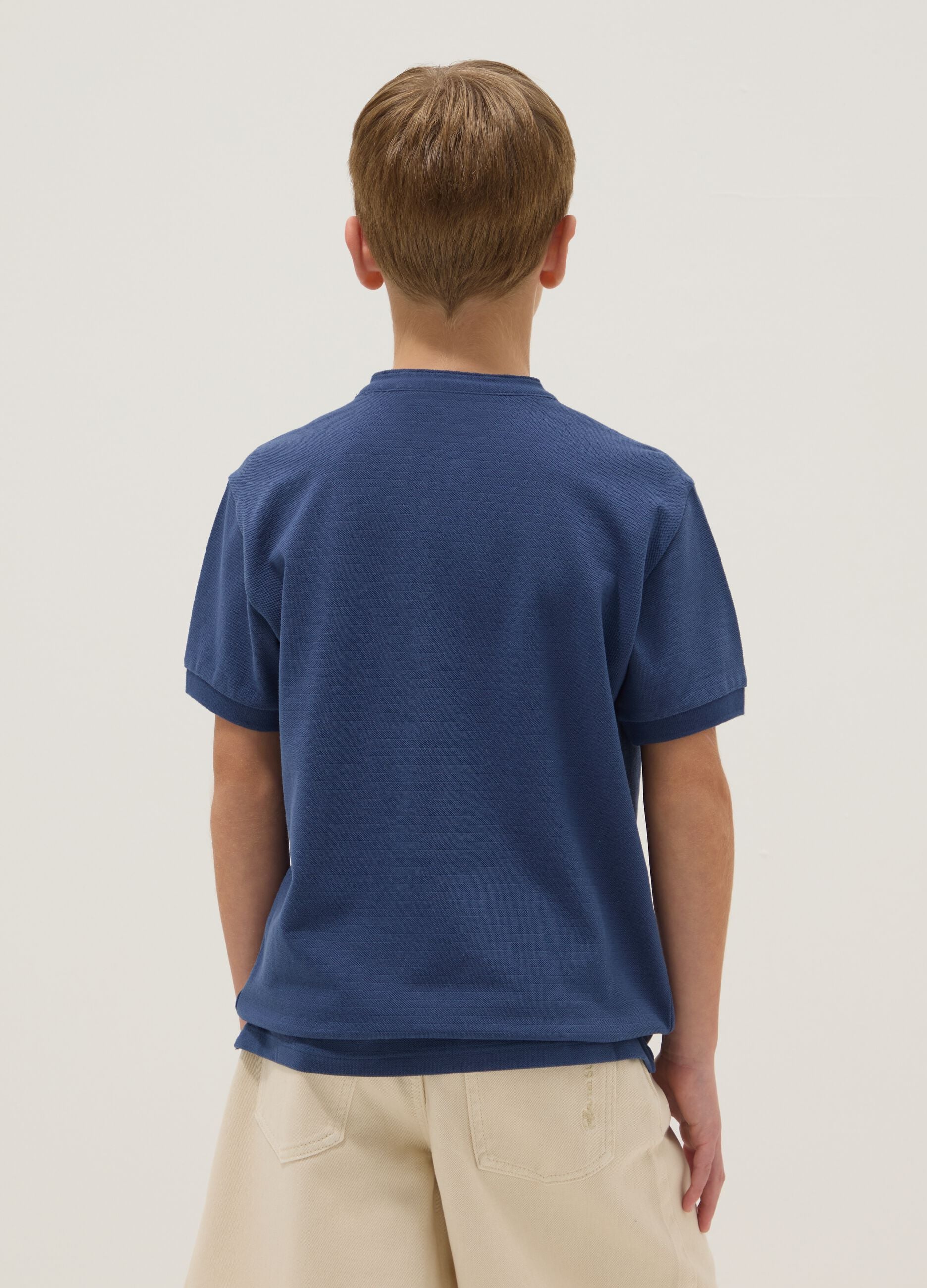 Boys' blue pure cotton regular-fit polo with Mandarin collar