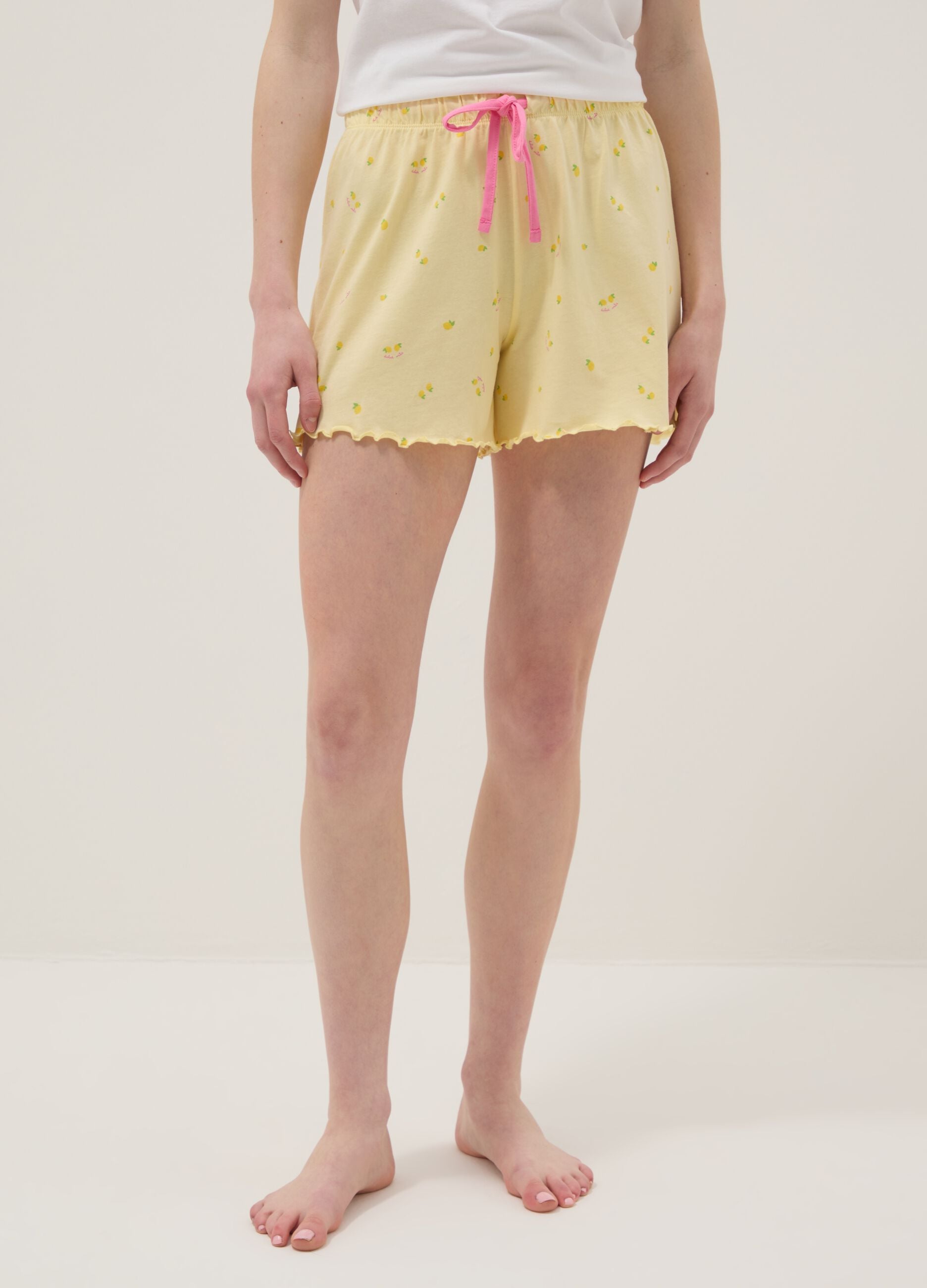 Yellow pure cotton pyjama shorts with lemon print and pink drawstring