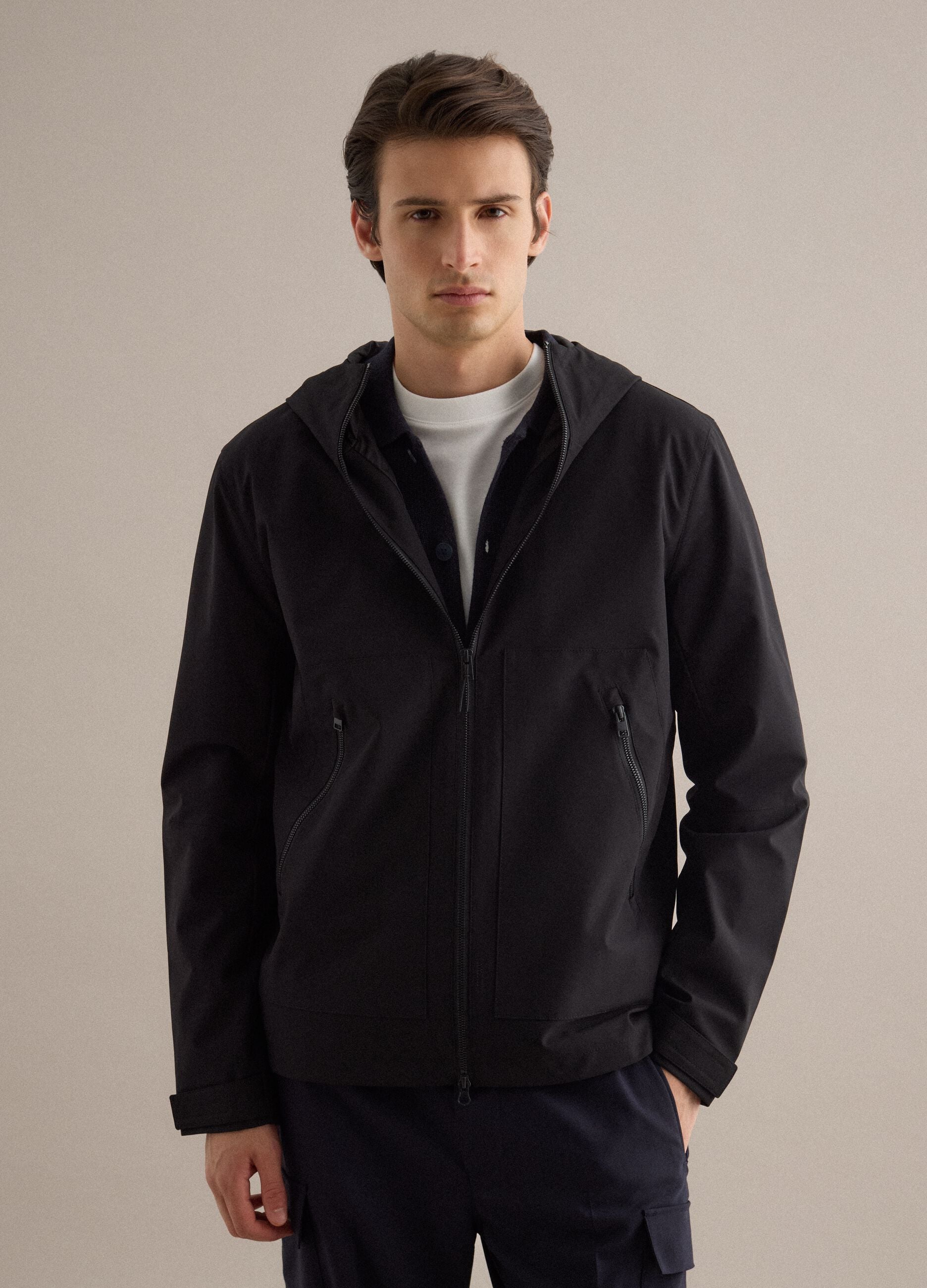 Black regular fit jacket with hood and zip