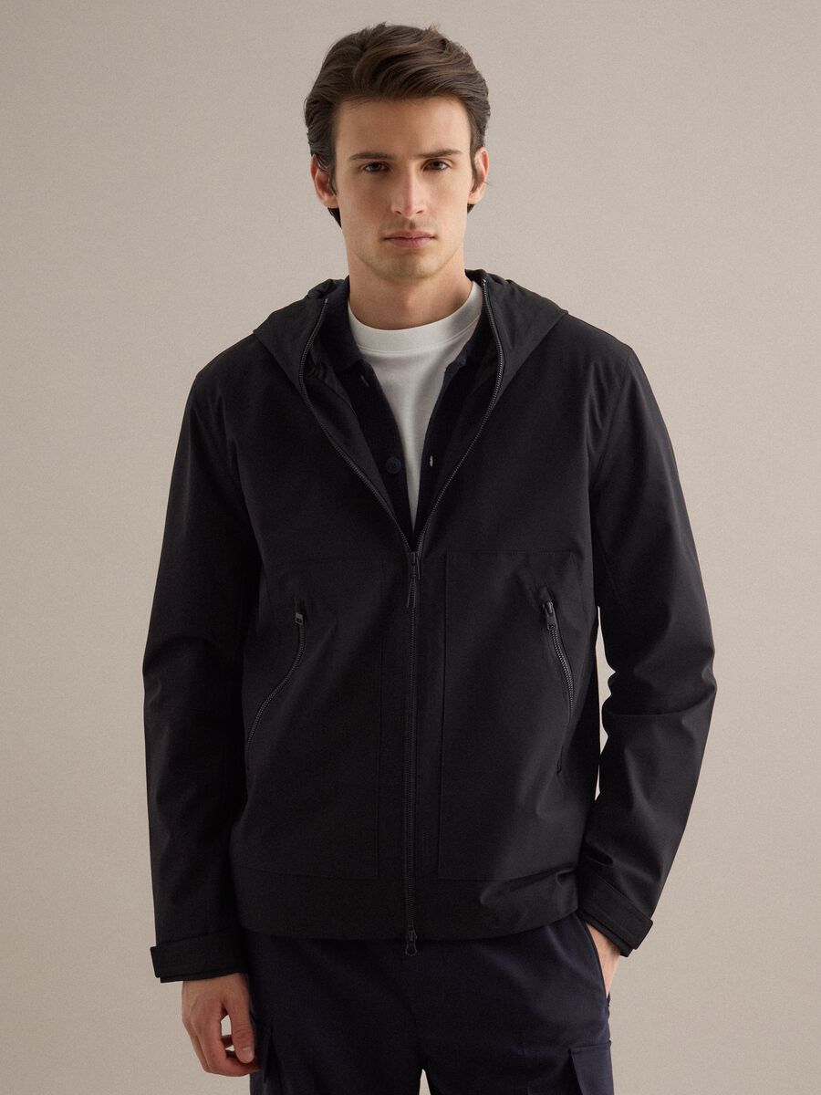 Black regular fit jacket with hood and zip_1