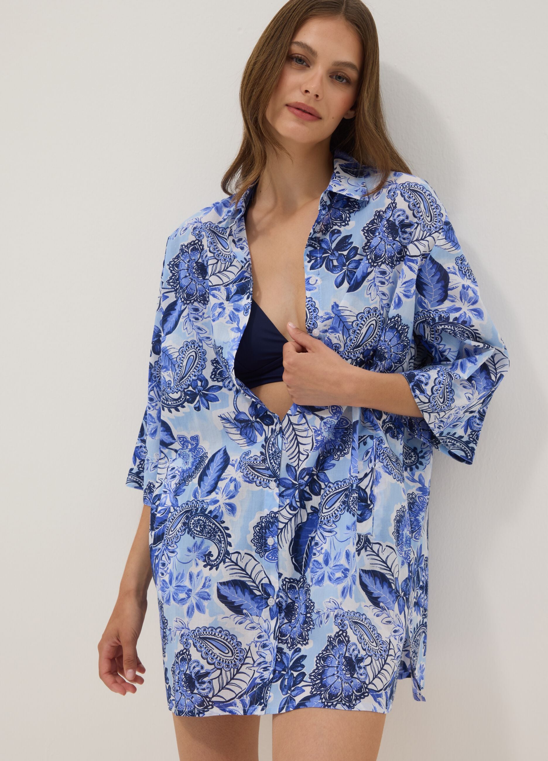 Blue pure cotton kaftan with print
