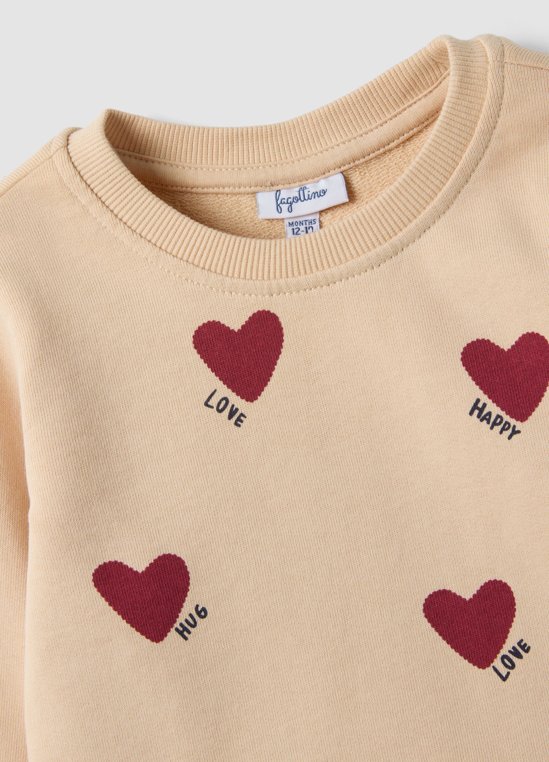 Beige pure cotton crew-neck sweatshirt with heart print for baby girl
