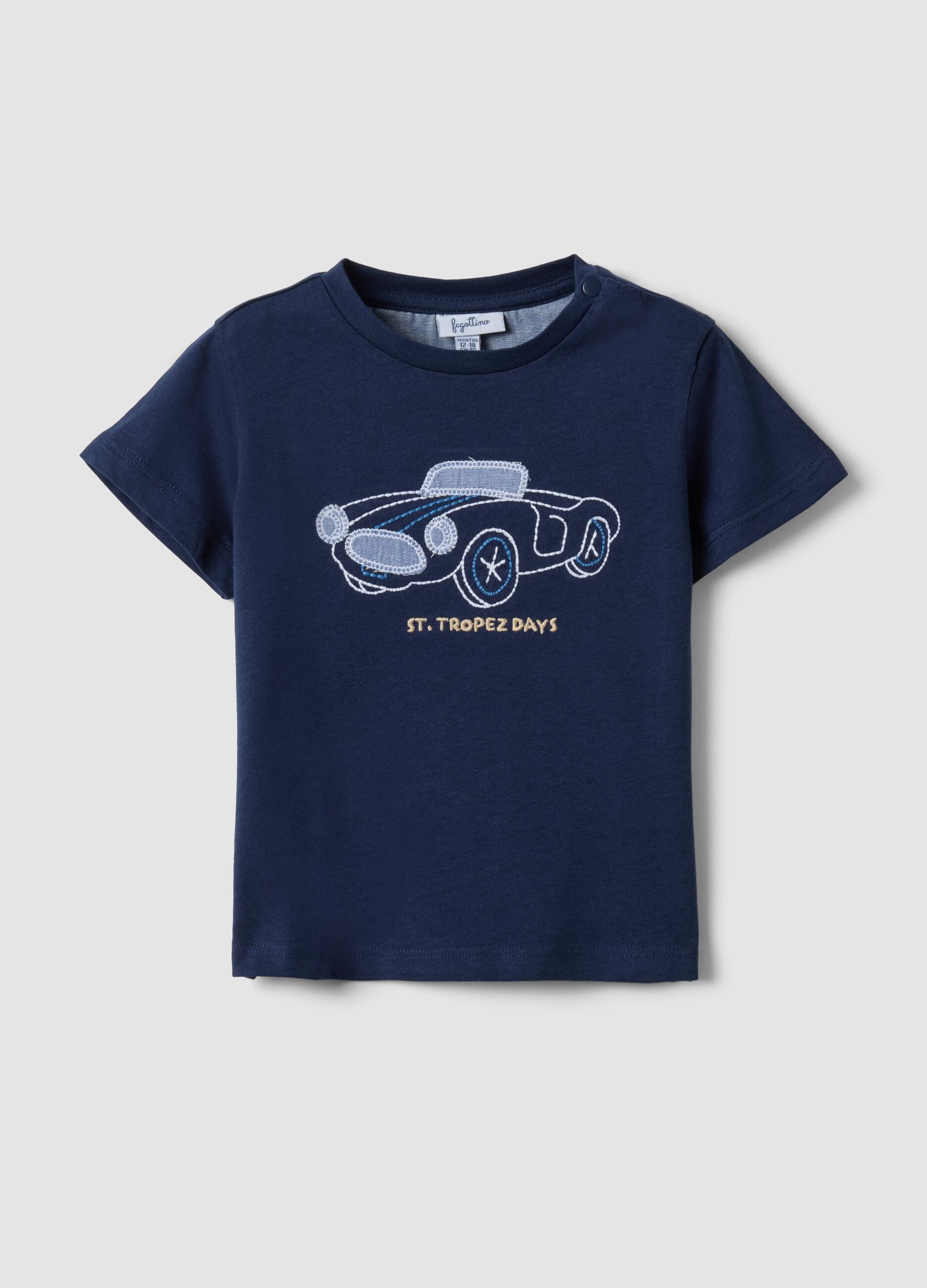 Blue pure cotton children's t-shirt regular fit with embroidered car