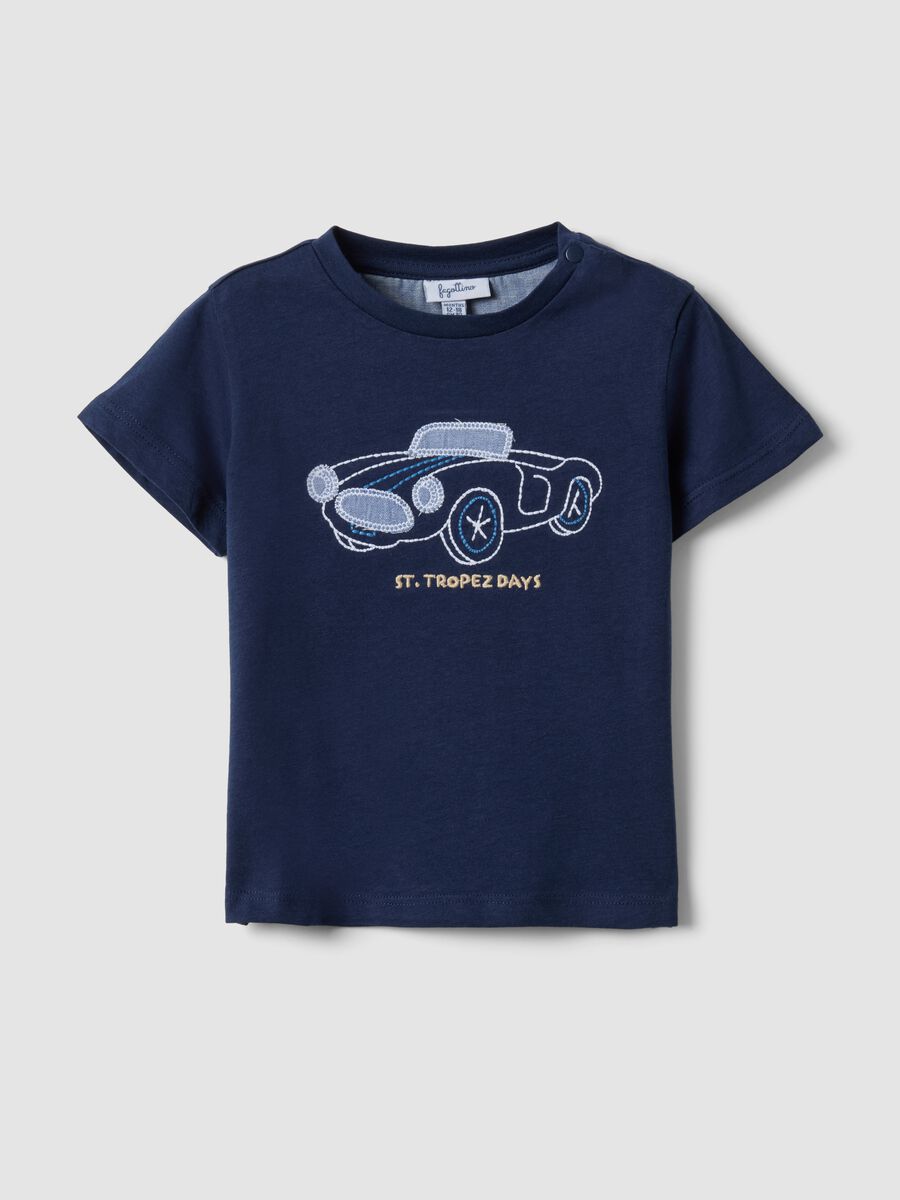 Blue pure cotton children's t-shirt regular fit with embroidered car_0