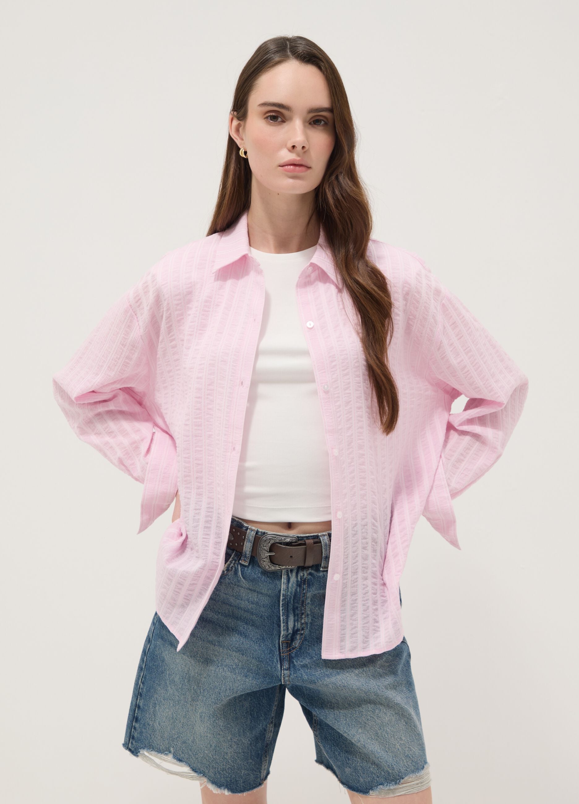 Multicolour stripe pure cotton oversized fit shirt