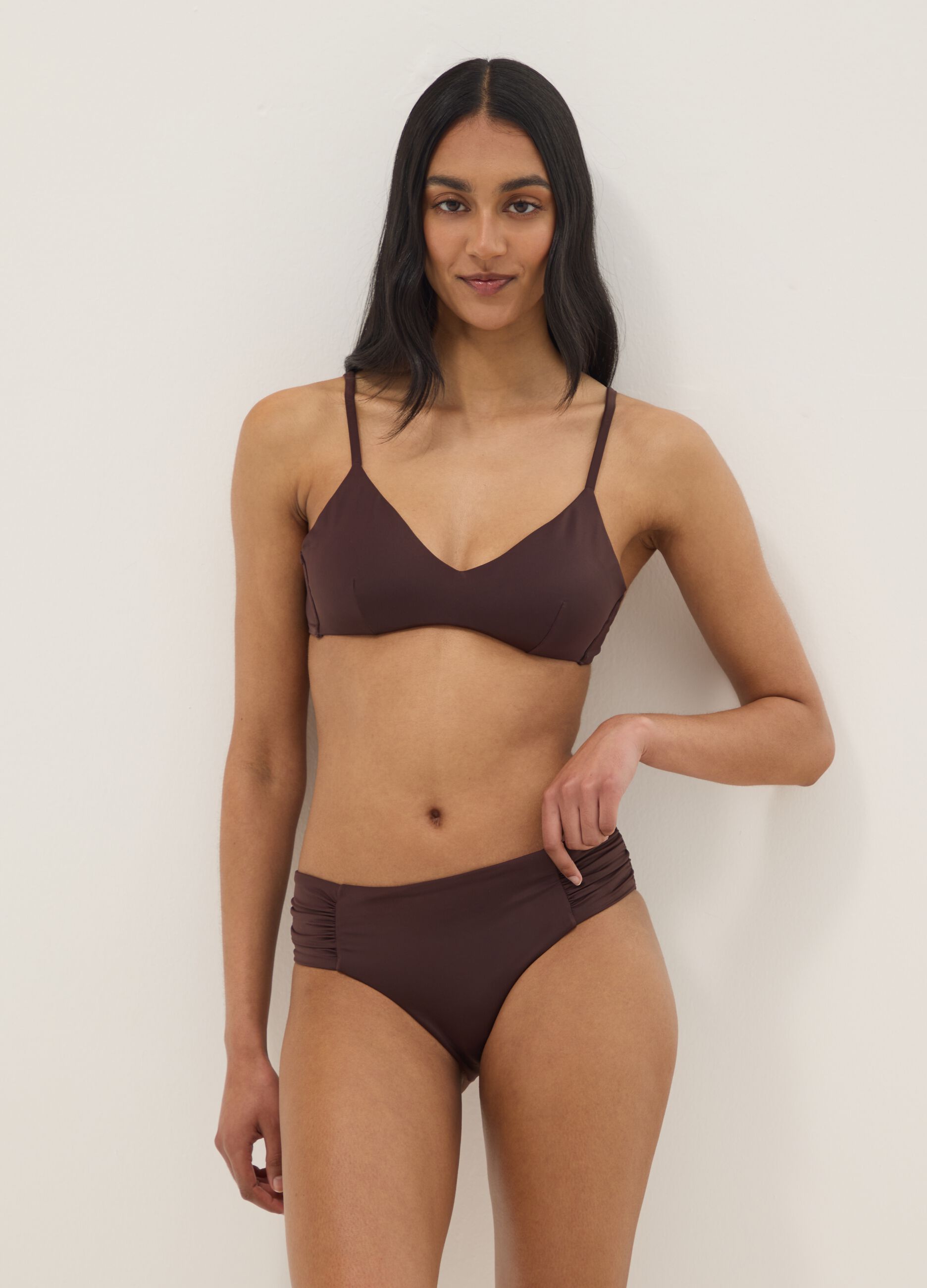 Brown stretch swim briefs with side ruching