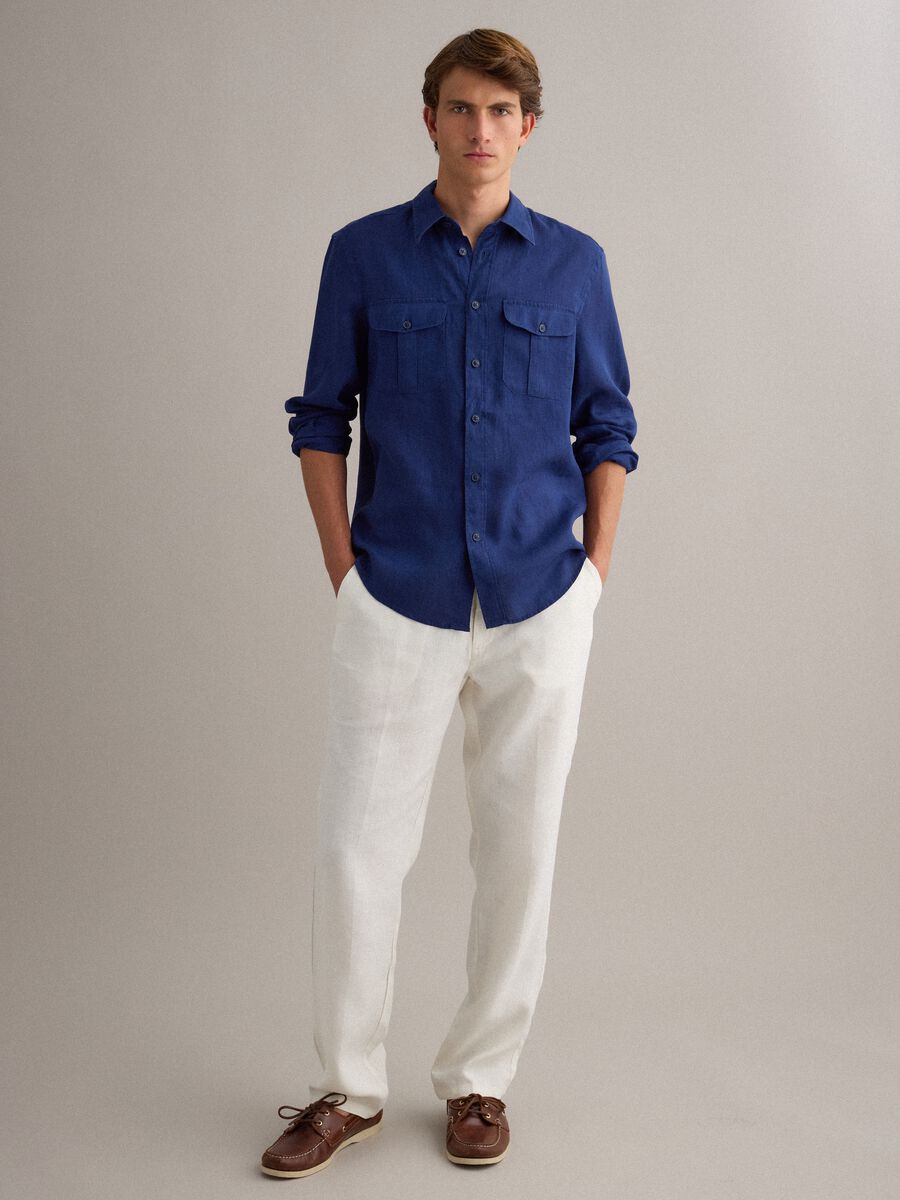 Blue regular-fit pure linen shirt with double pocket_2