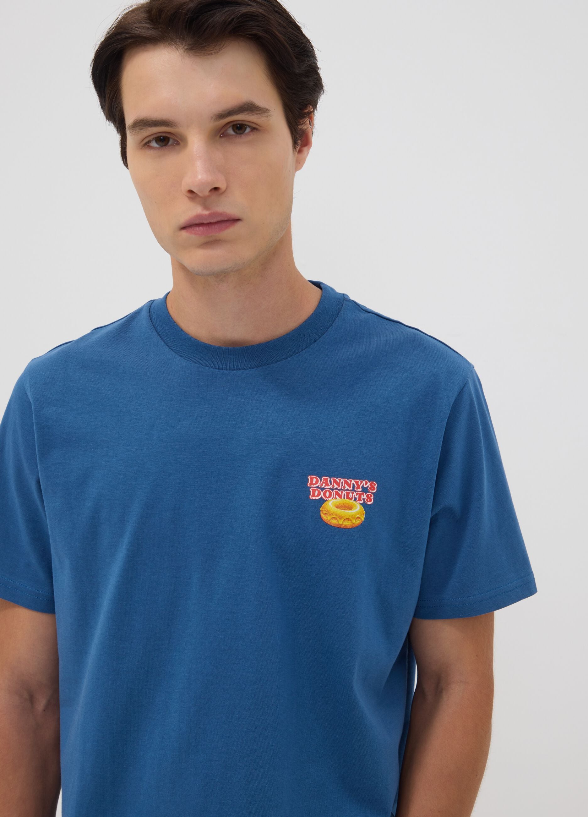 Blue pure cotton jersey T-shirt with print, regular fit