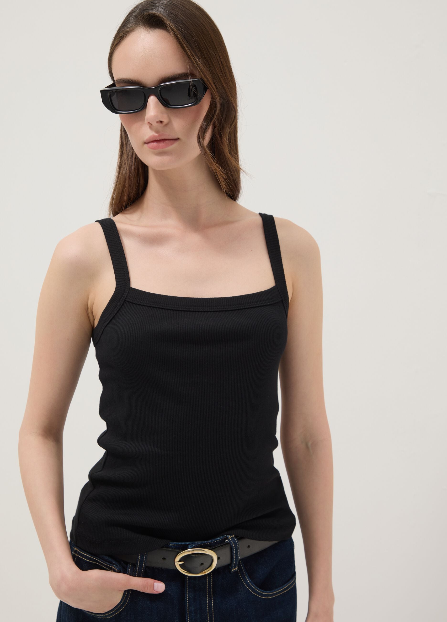 Black ribbed pure cotton tank top