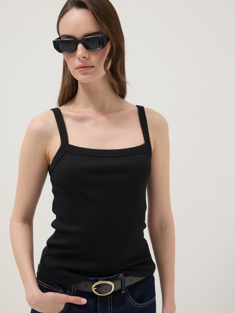 Black ribbed pure cotton tank top_0