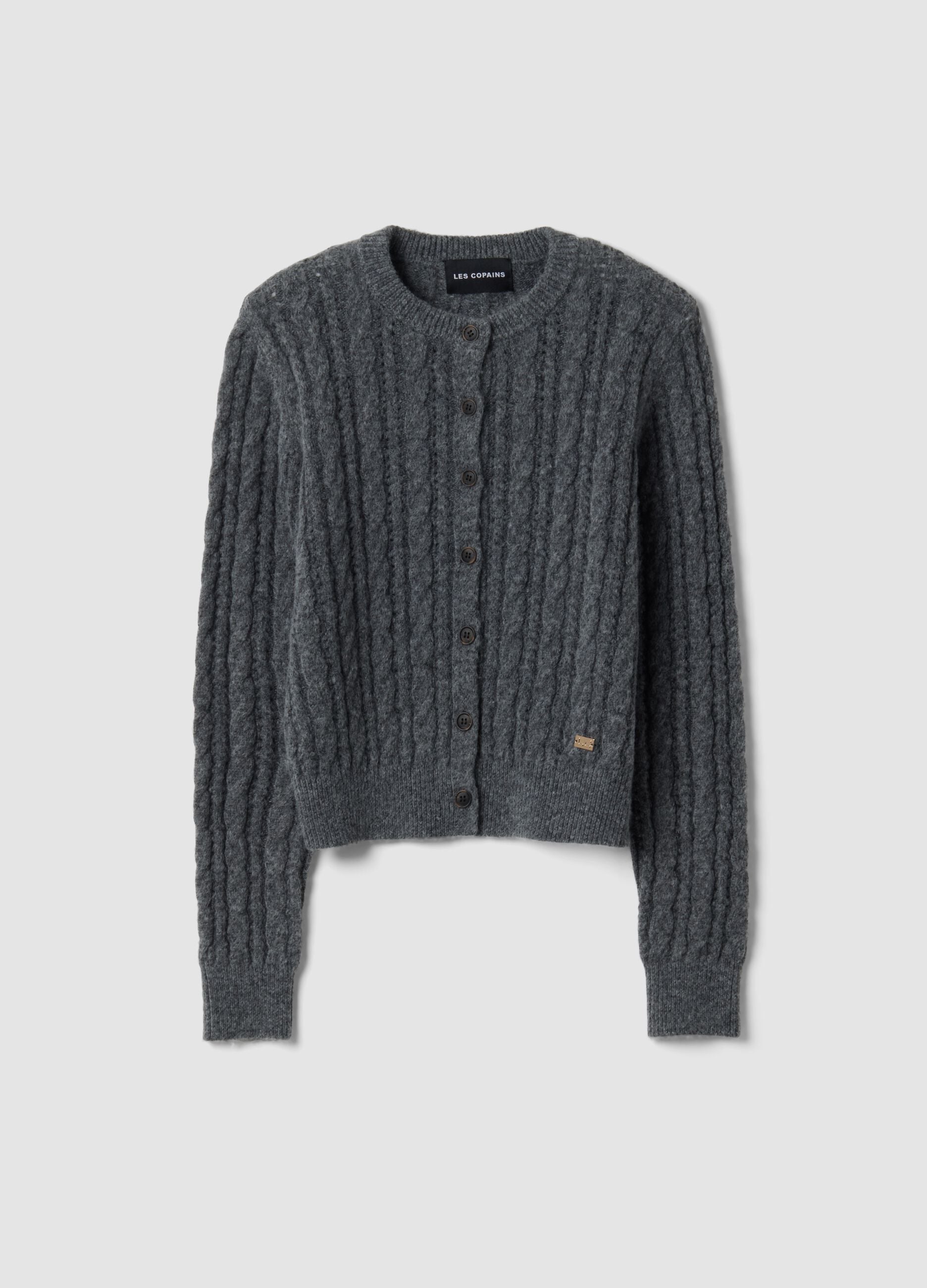 Grey wool-blend cable-knit cardigan