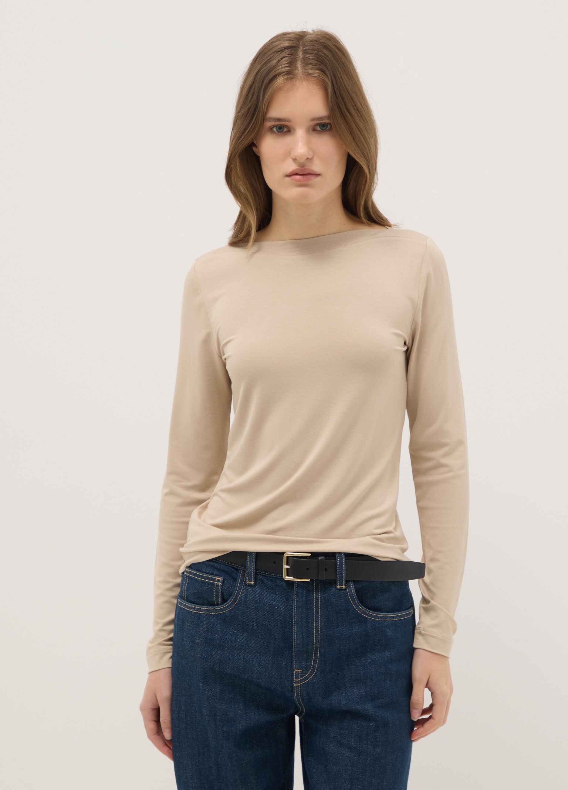 Beige crew neck long sleeve regular fit top