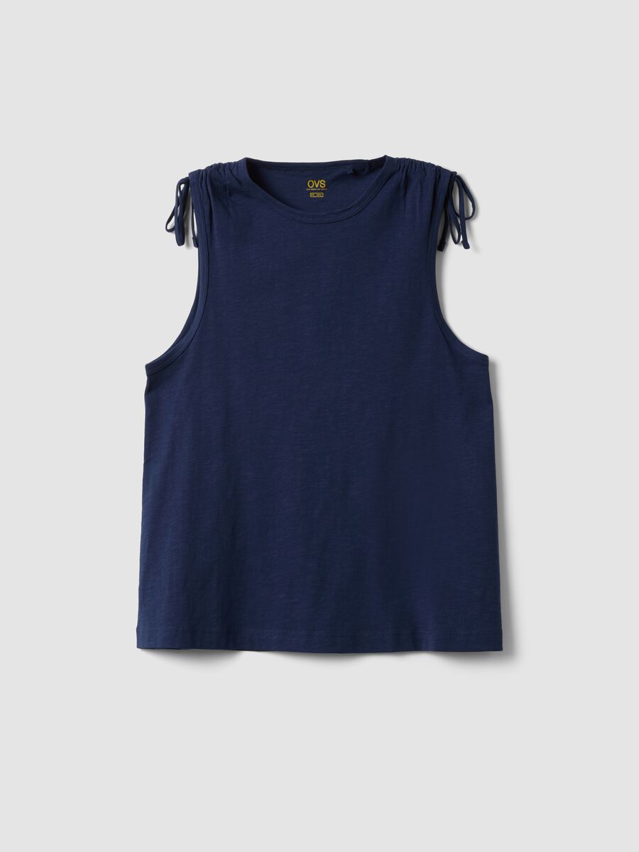 Blue pure cotton tank top with shoulder ties_4