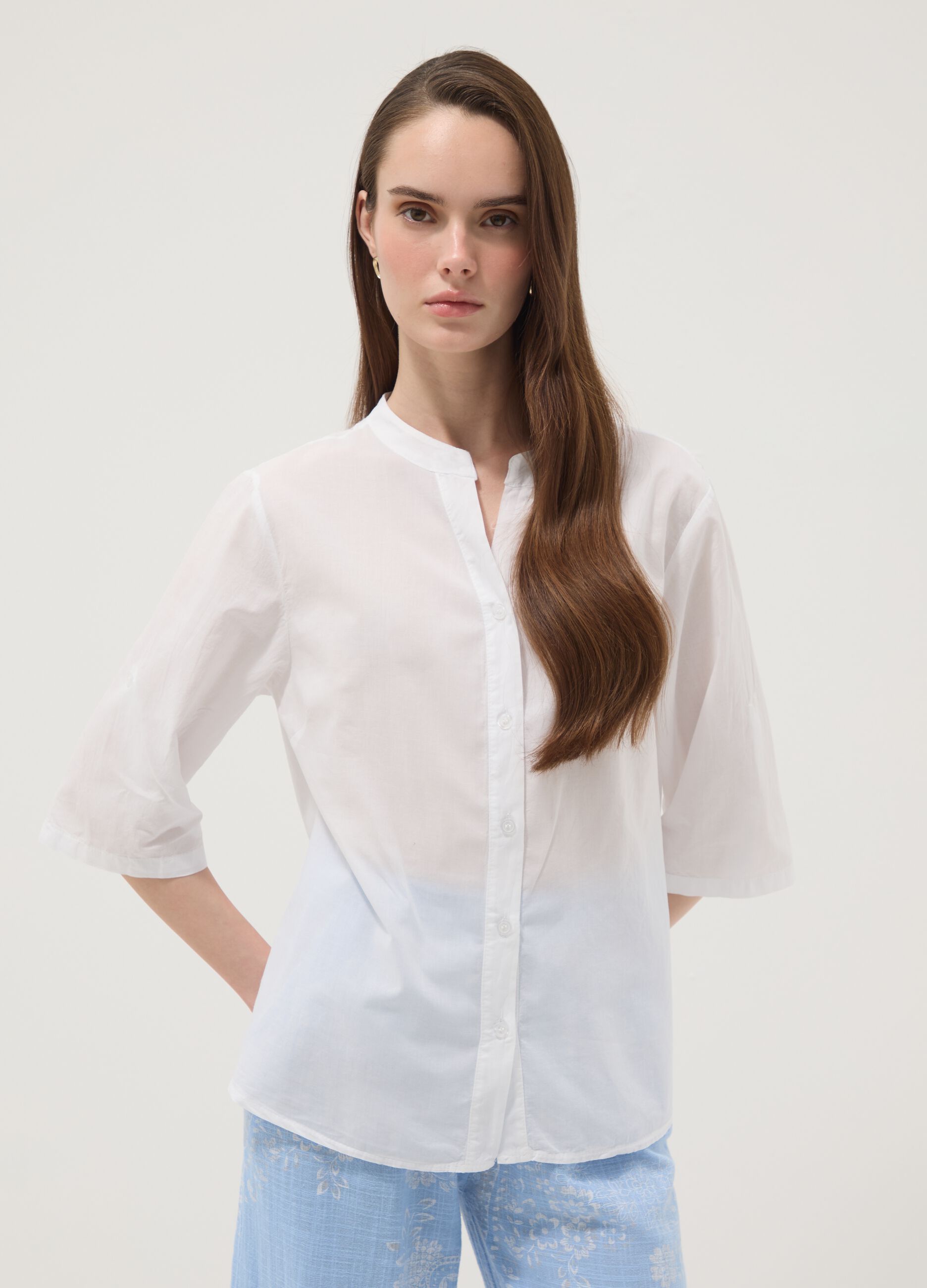 White pure cotton shirt with broderie anglaise embroidery, regular fit
