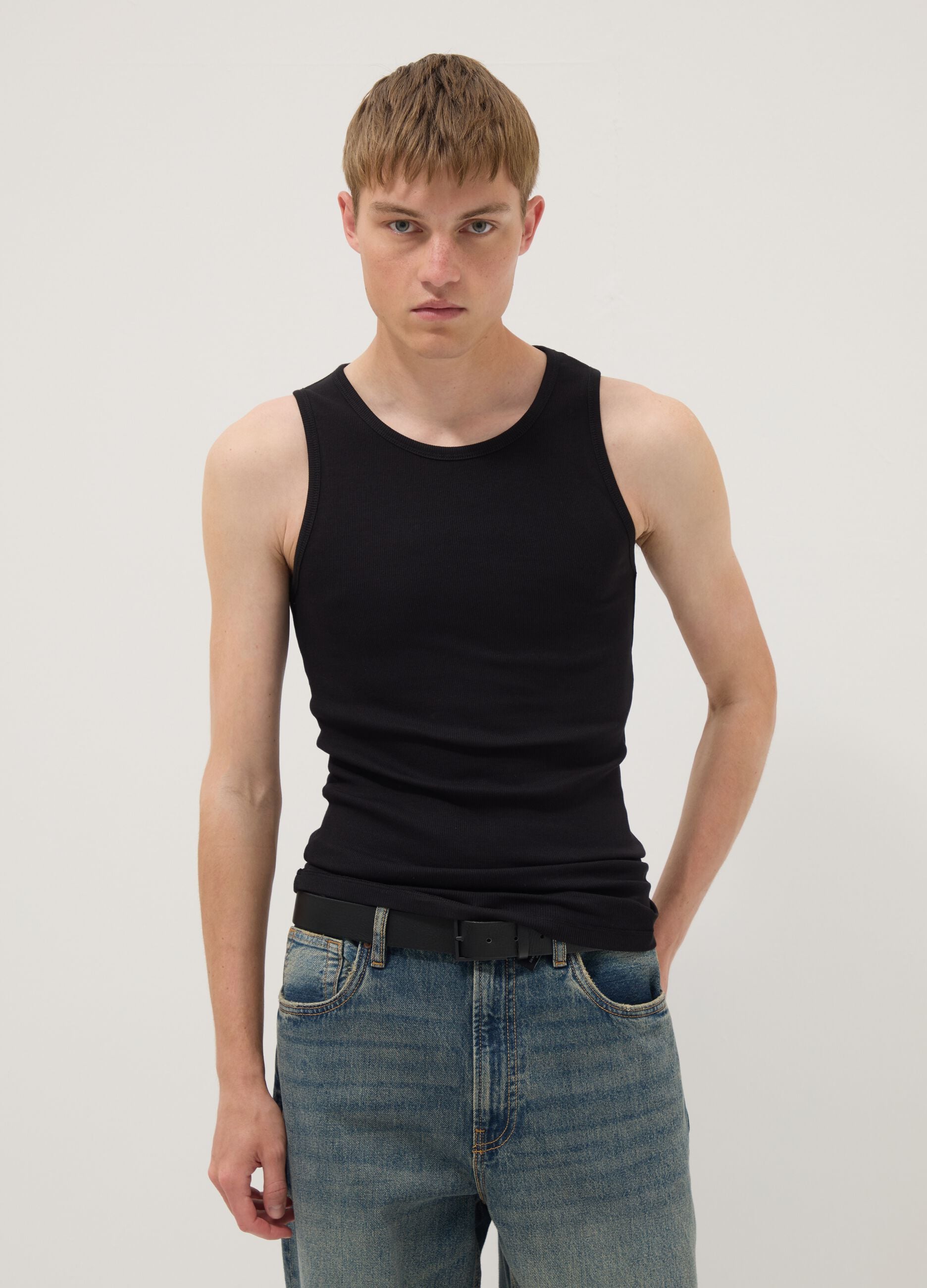 Black ribbed stretch-cotton fitted tank top