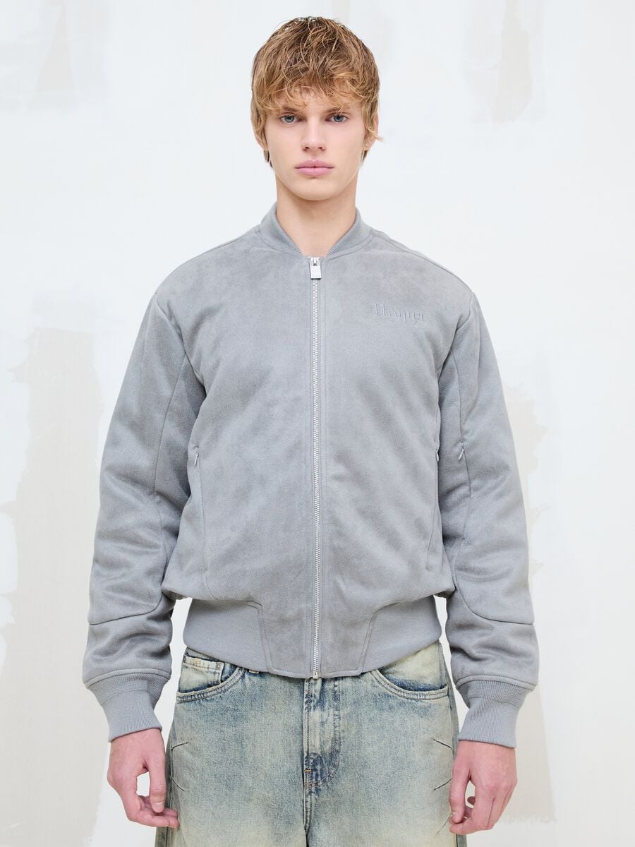 Faux Suede Bomber Jacket Light Grey_3