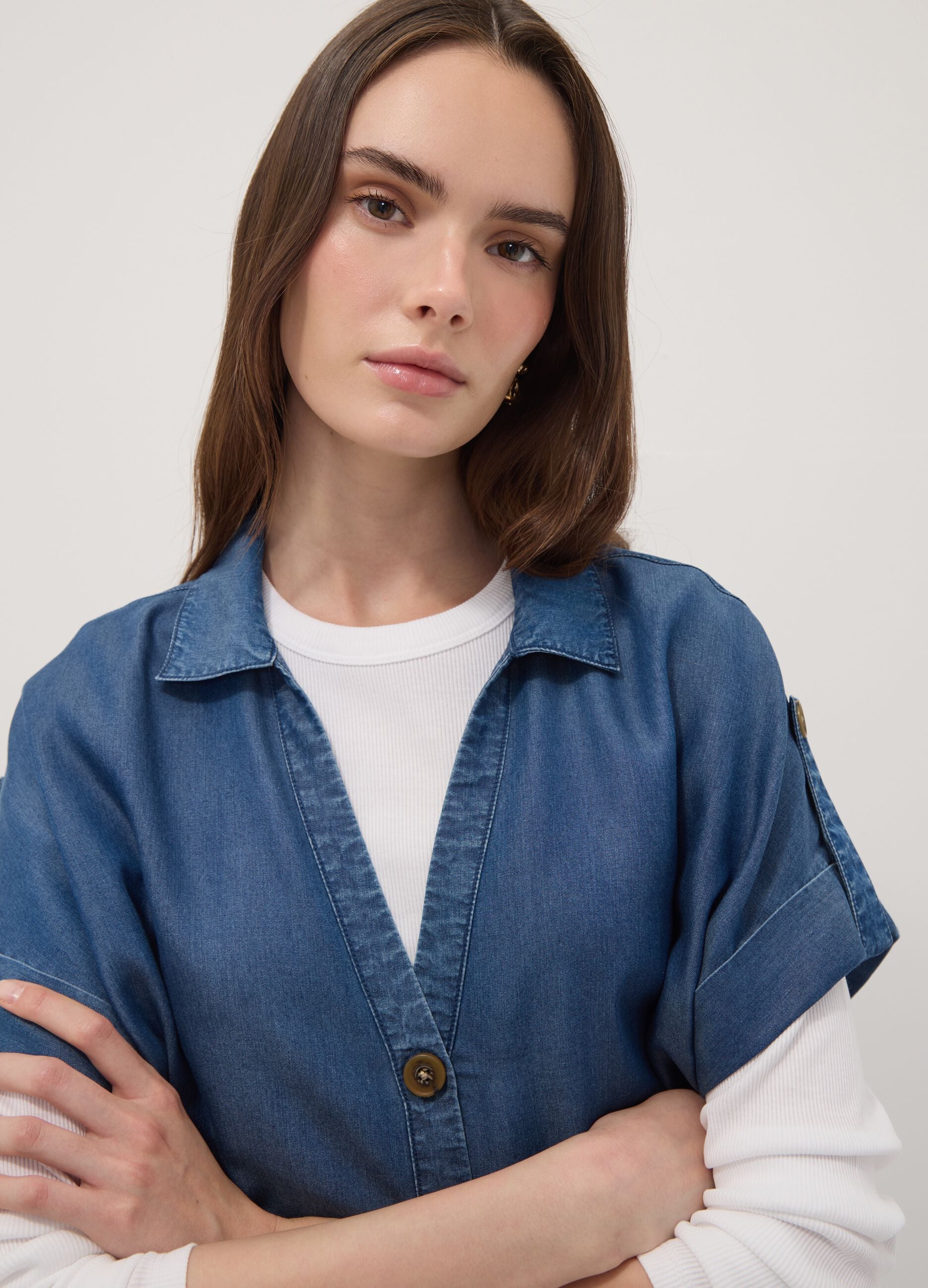 Blue pure lyocell short-sleeved shirt