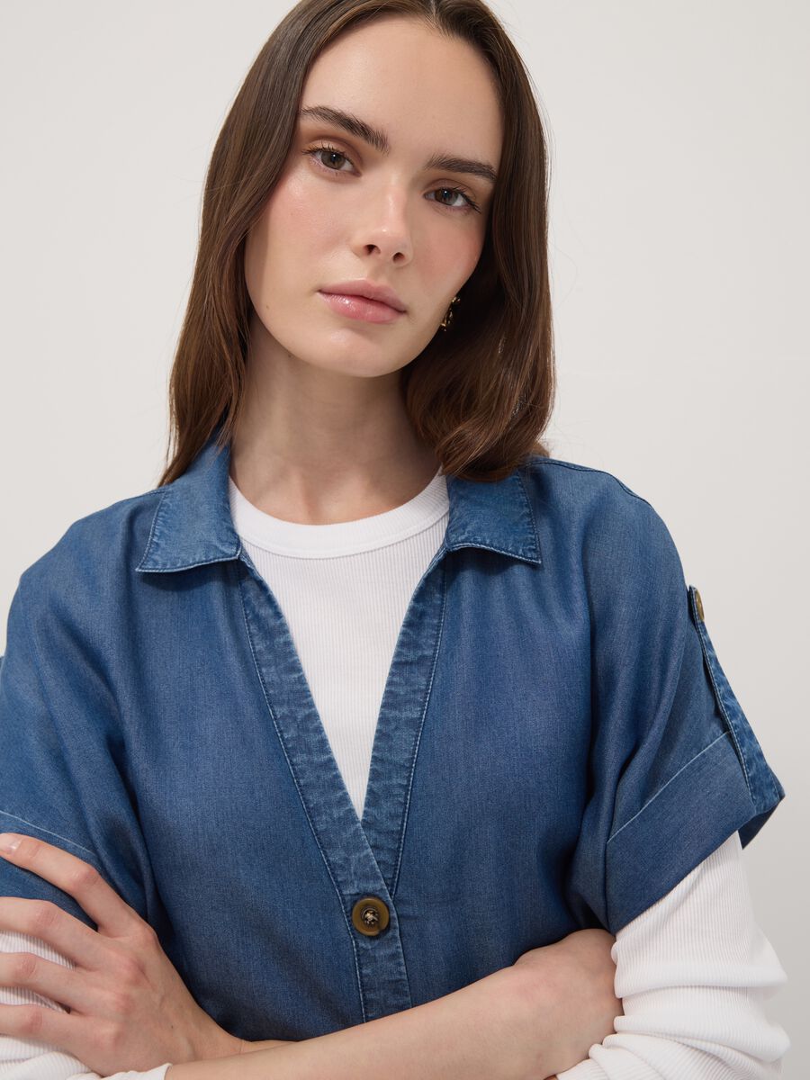 Blue pure lyocell short-sleeved shirt_0
