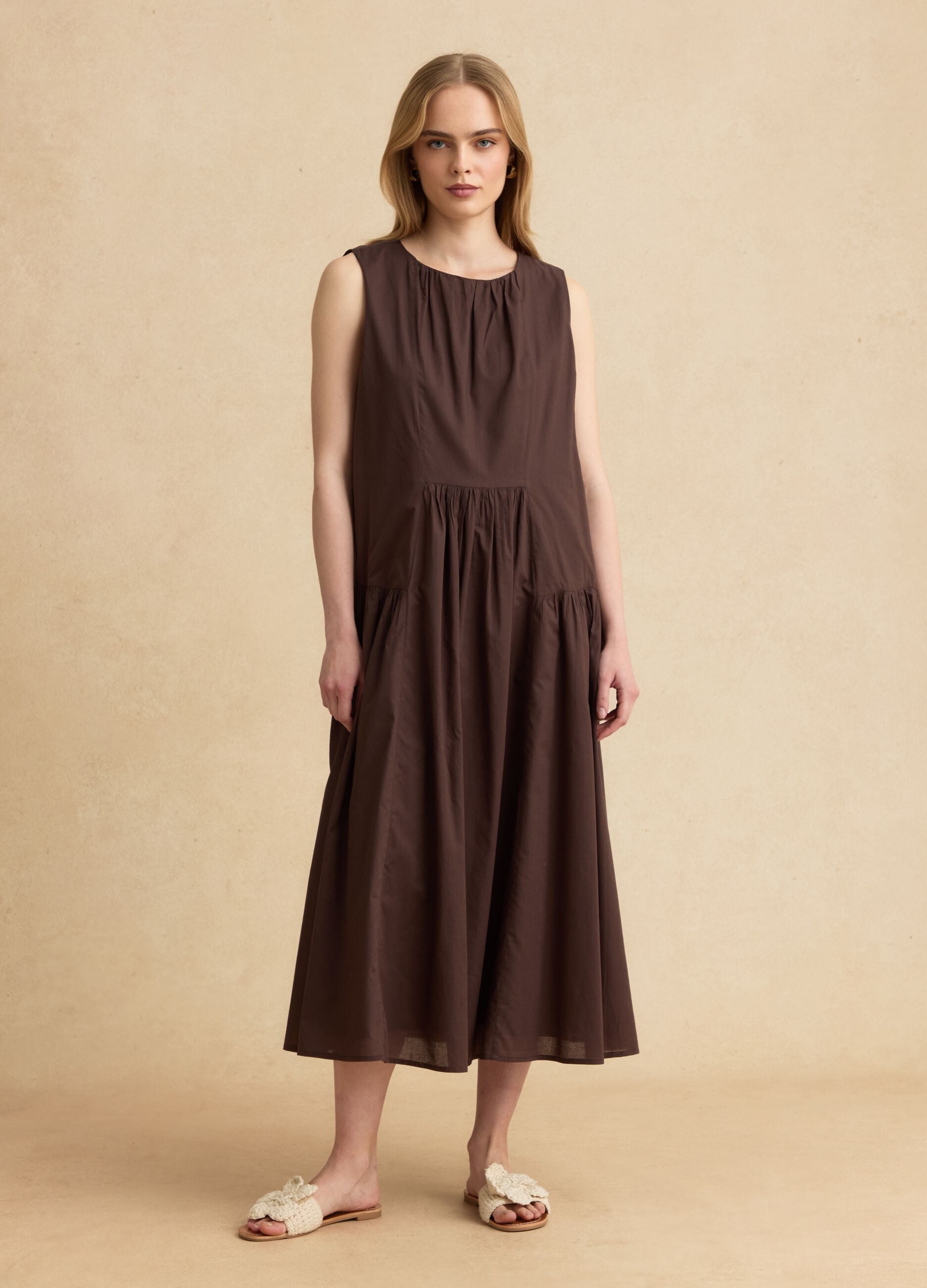 Brown pure cotton midi dress