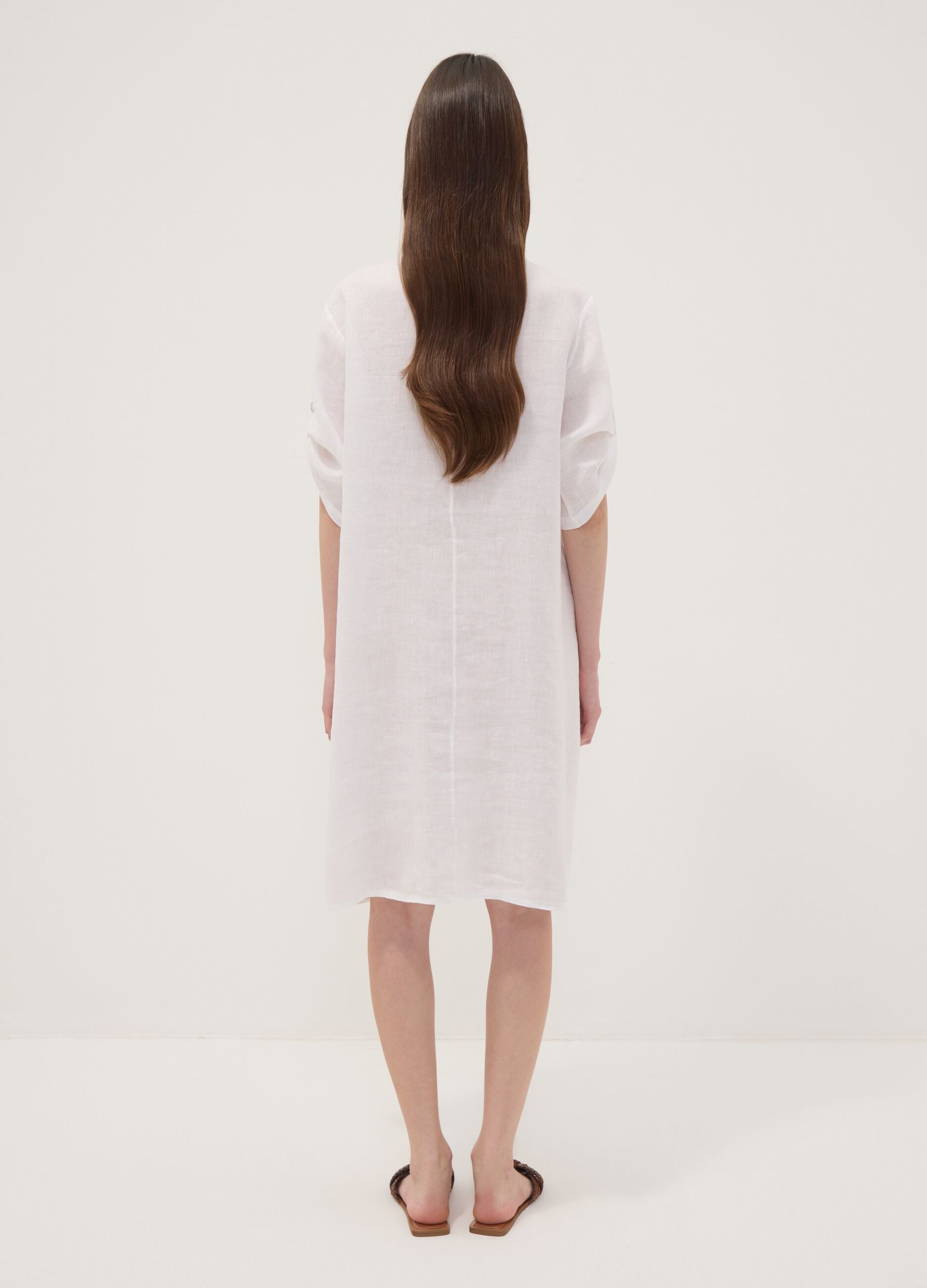 White pure linen dress with Mandarin collar, regular fit