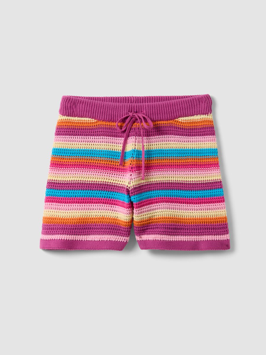 Multicolour striped pure cotton crochet shorts_4