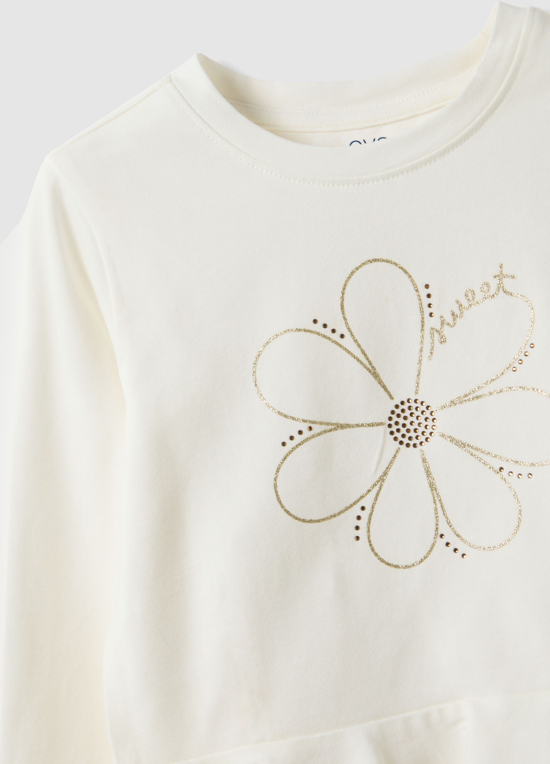 White stretch cotton girl's top regular fit with flower