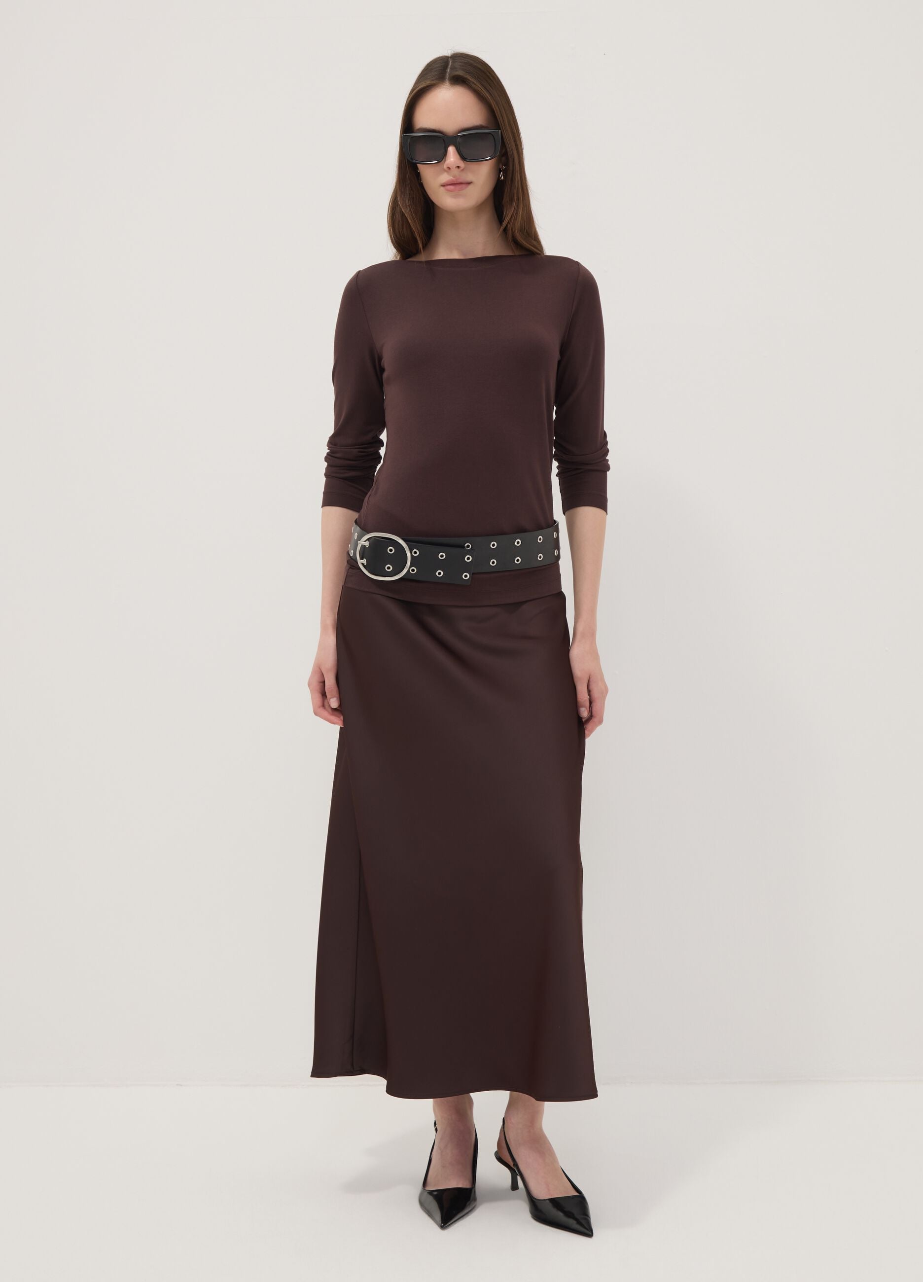 Brown slim-fit stretch viscose T-shirt