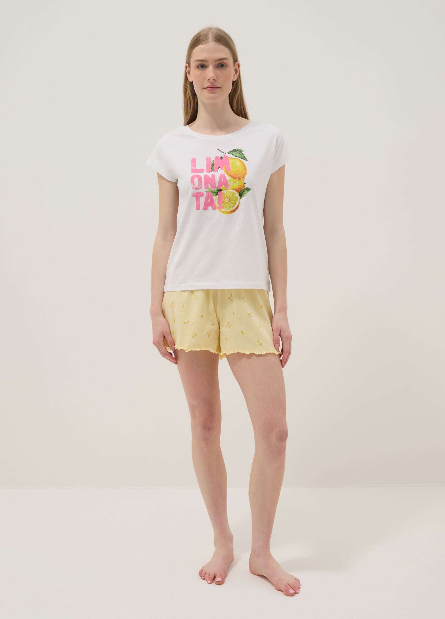 White organic cotton pyjama T-shirt with print, regular fit