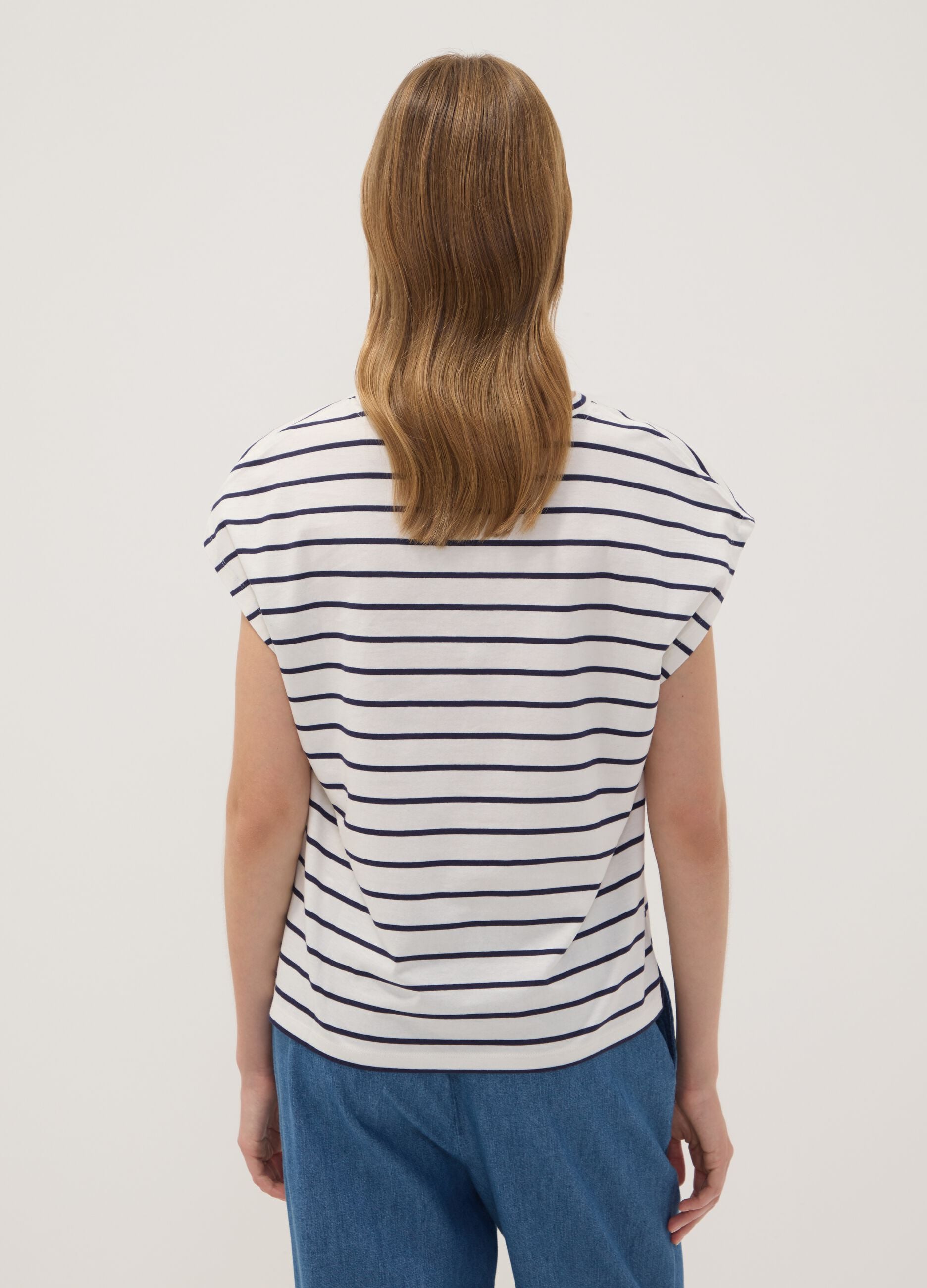 White pure cotton T-shirt with blue stripes, regular fit