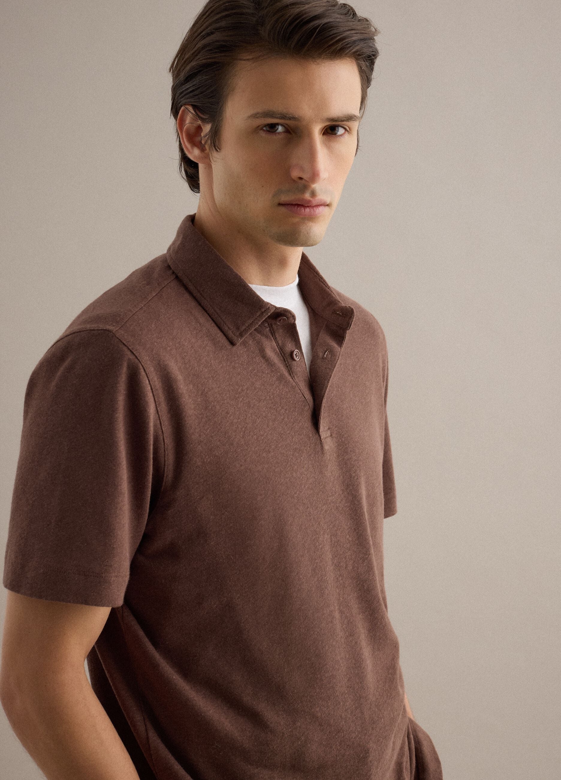 Brown linen and cotton blend regular fit polo
