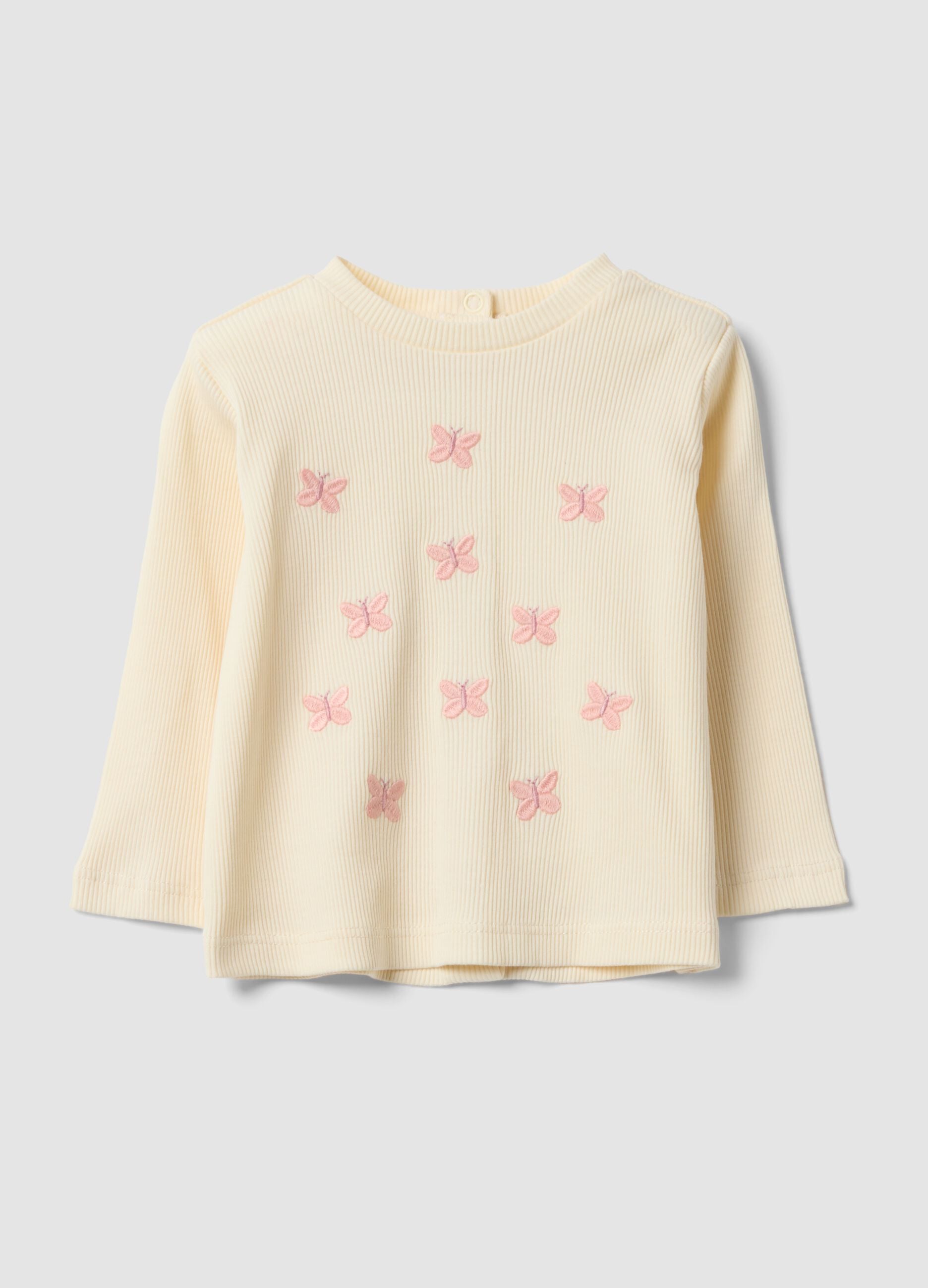 White organic cotton ribbed top with butterfly embroidery for baby girl