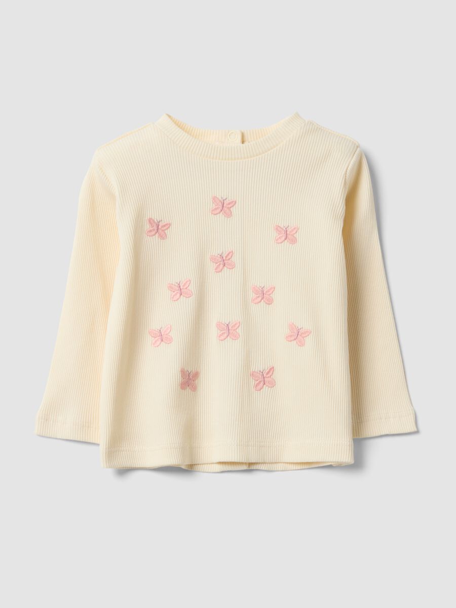 White organic cotton ribbed top with butterfly embroidery for baby girl_0