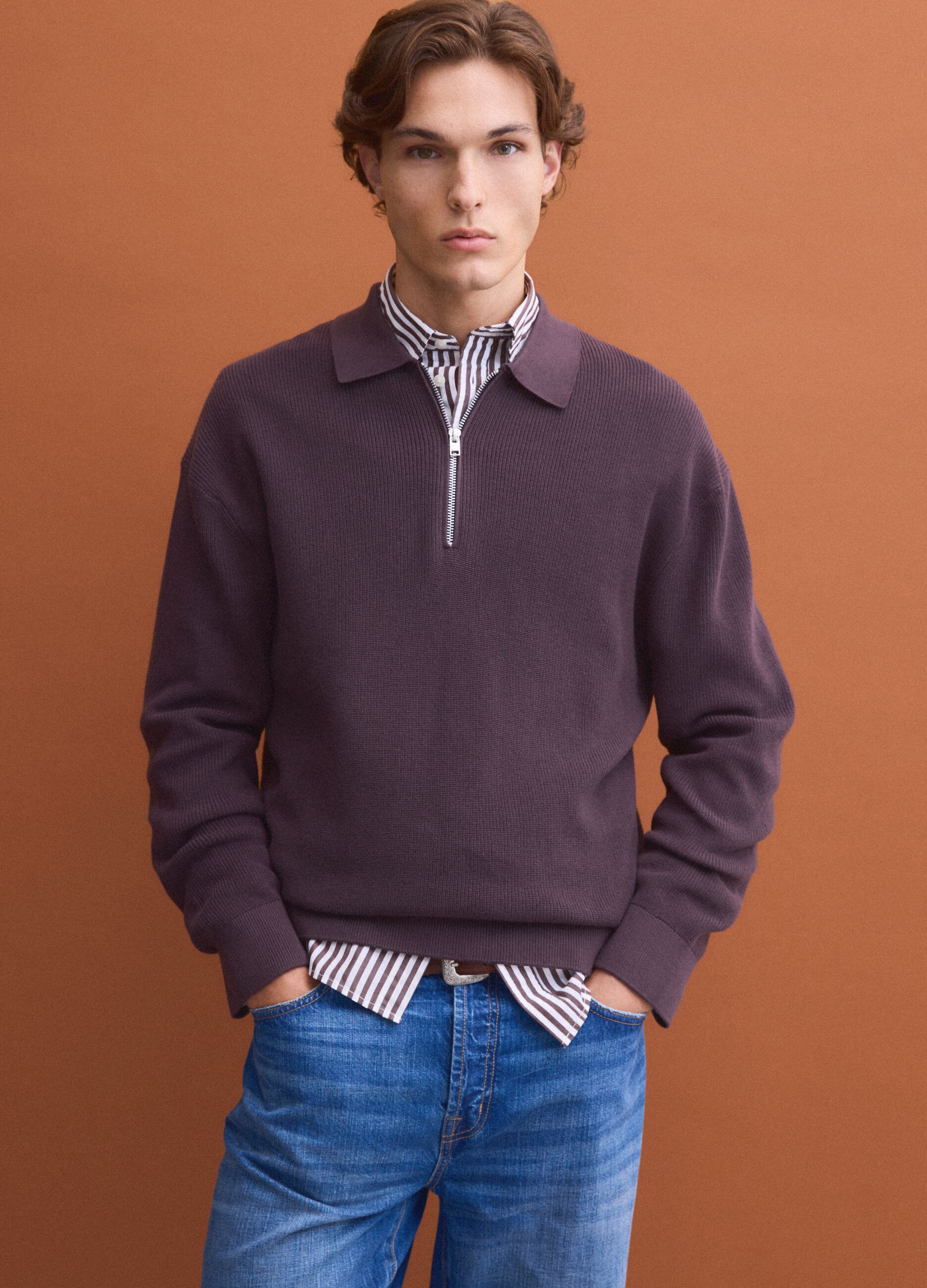 Brown pure cotton polo with zip and classic collar