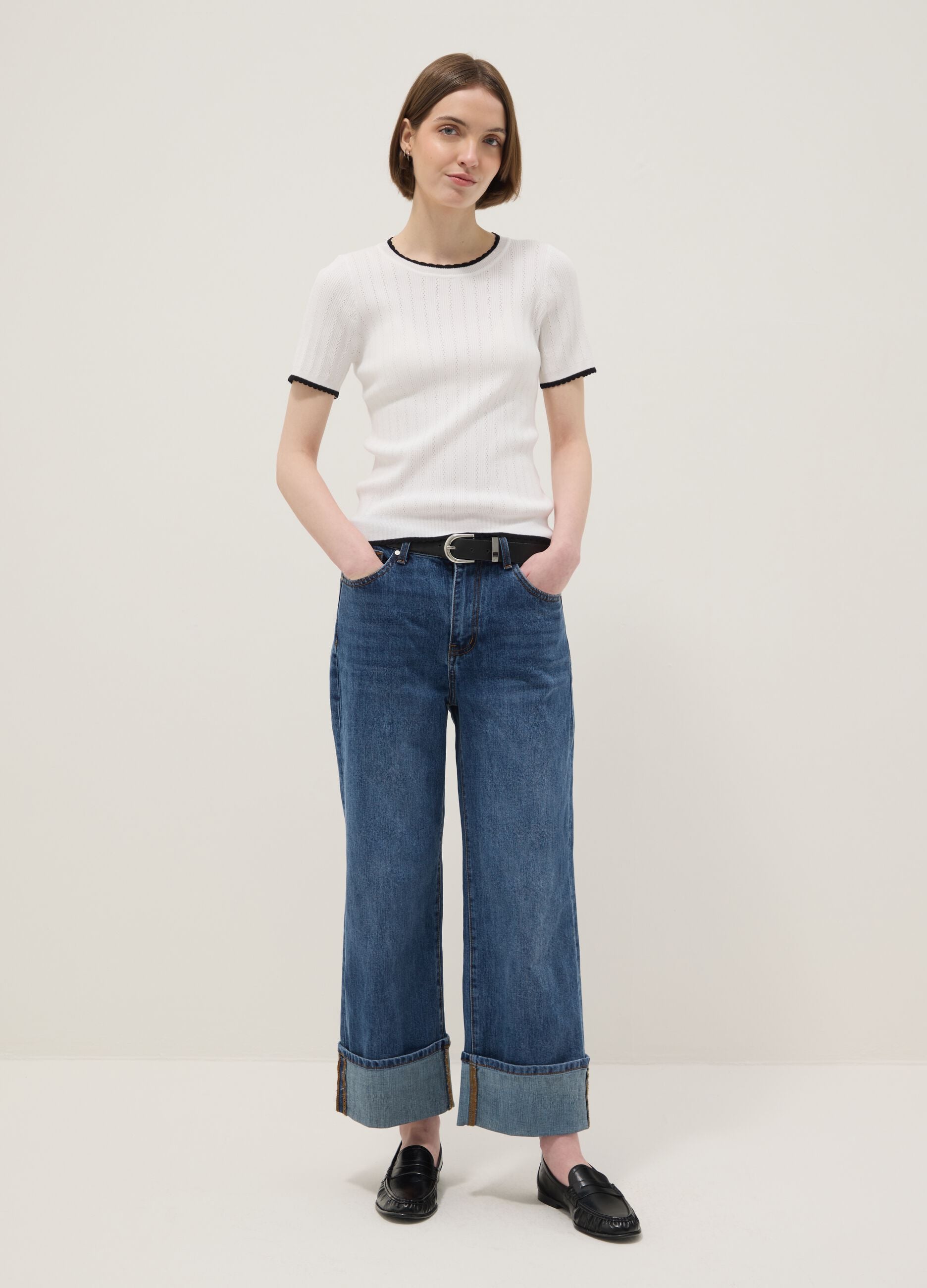 Blue regular fit cotton blend denim trousers