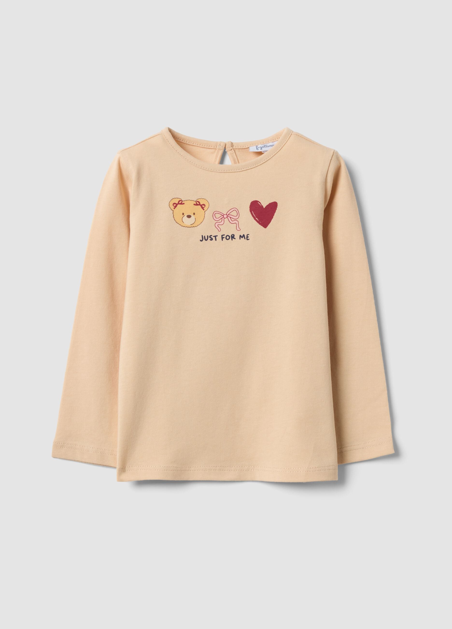 Beige organic cotton T-shirt with teddy bear print for baby girl