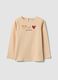 Beige organic cotton T-shirt with teddy bear print for baby girl_0