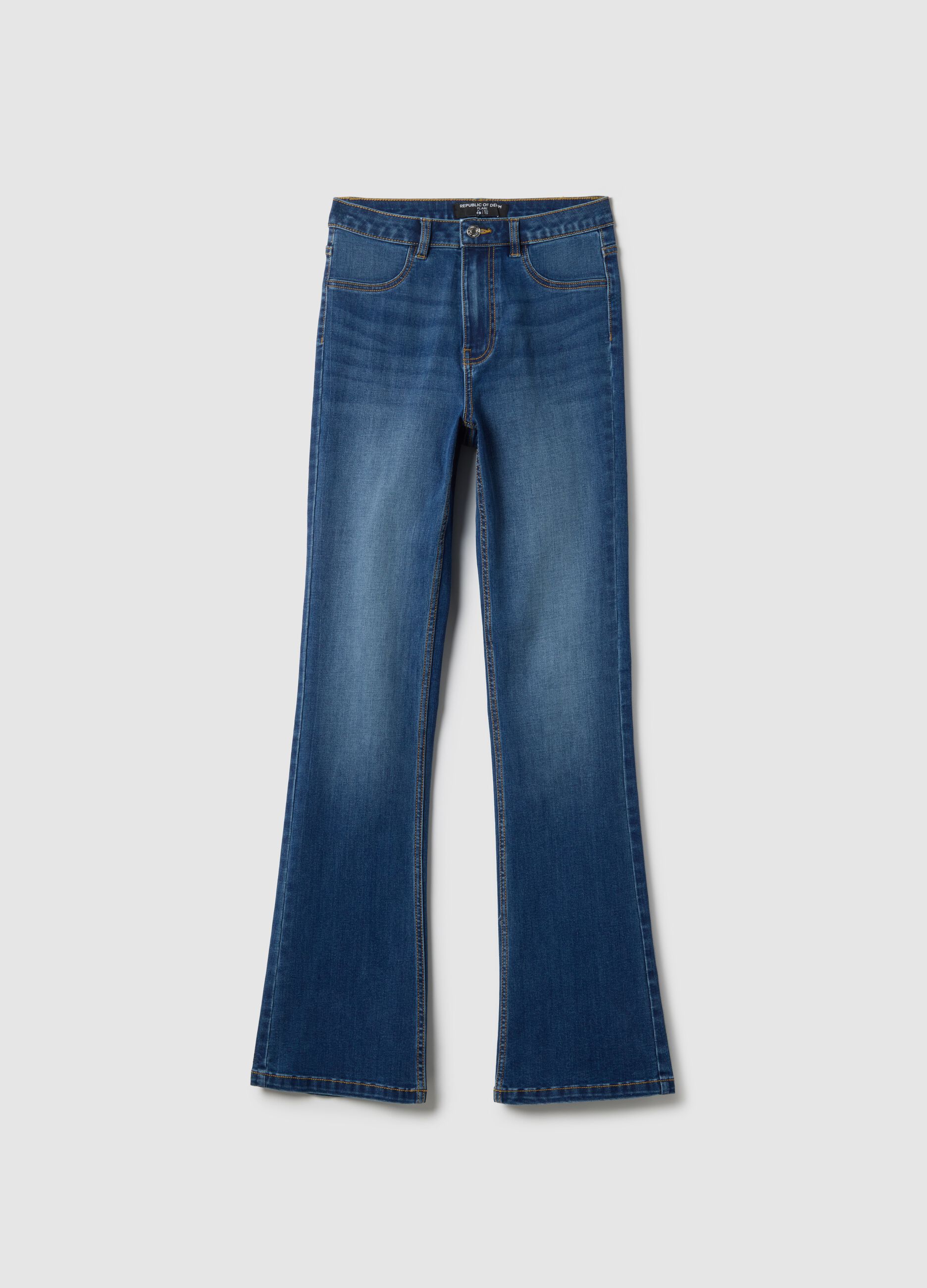 Blue cotton blend flare fit jeans