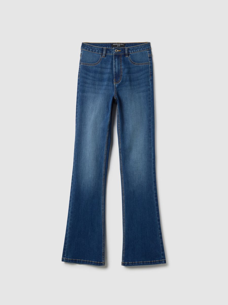 Blue cotton blend flare fit jeans_4
