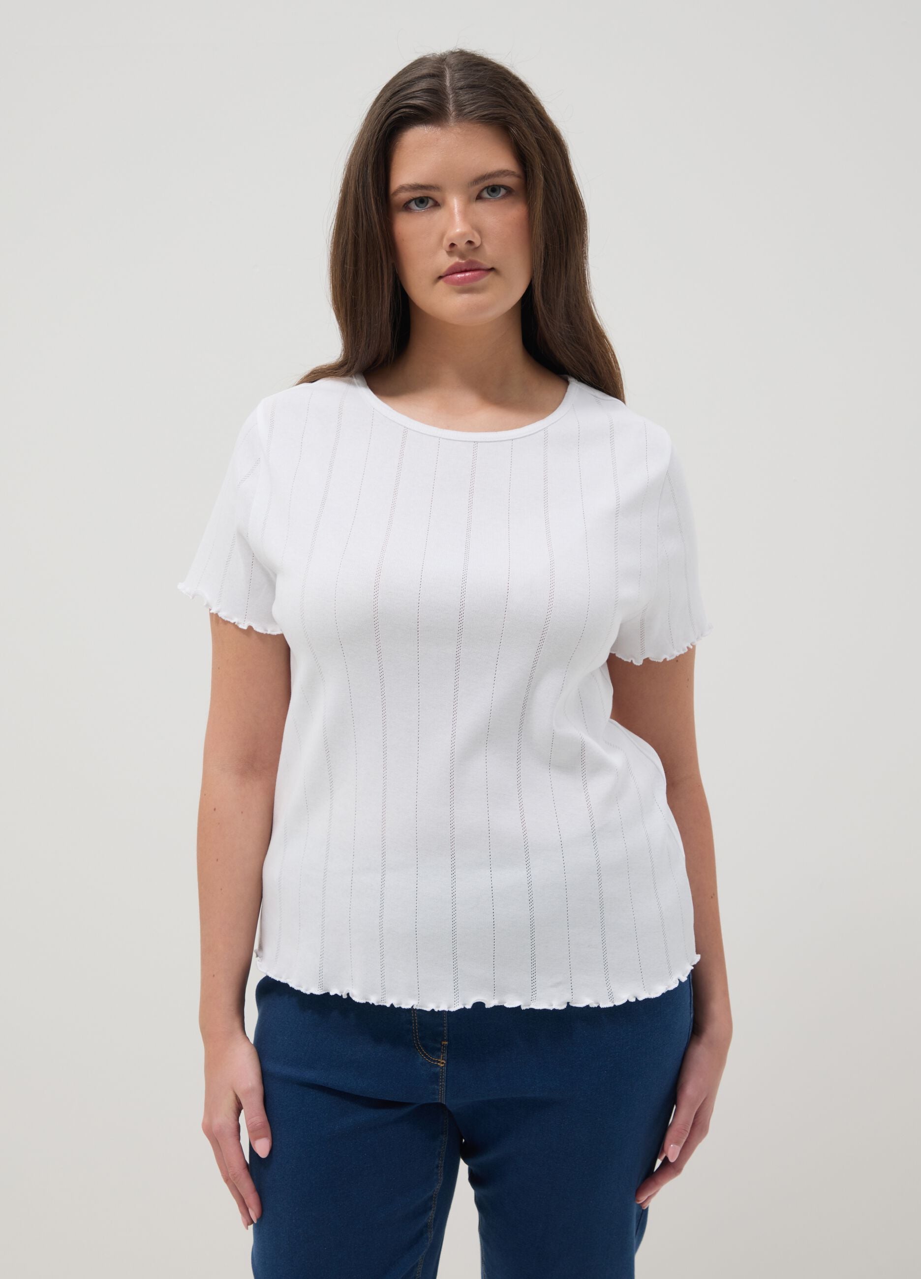 White pure cotton striped regular fit T-shirt