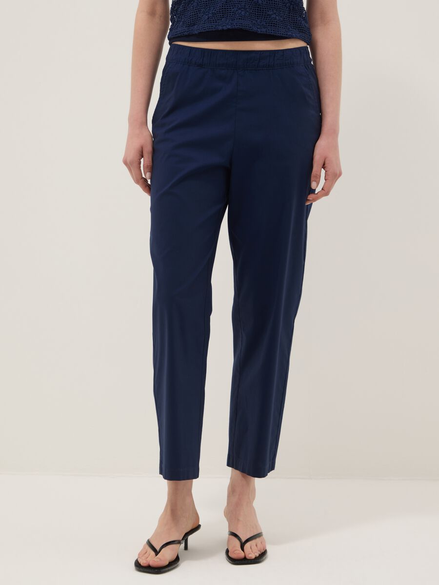 Blue stretch cotton trousers with elasticated waist_1