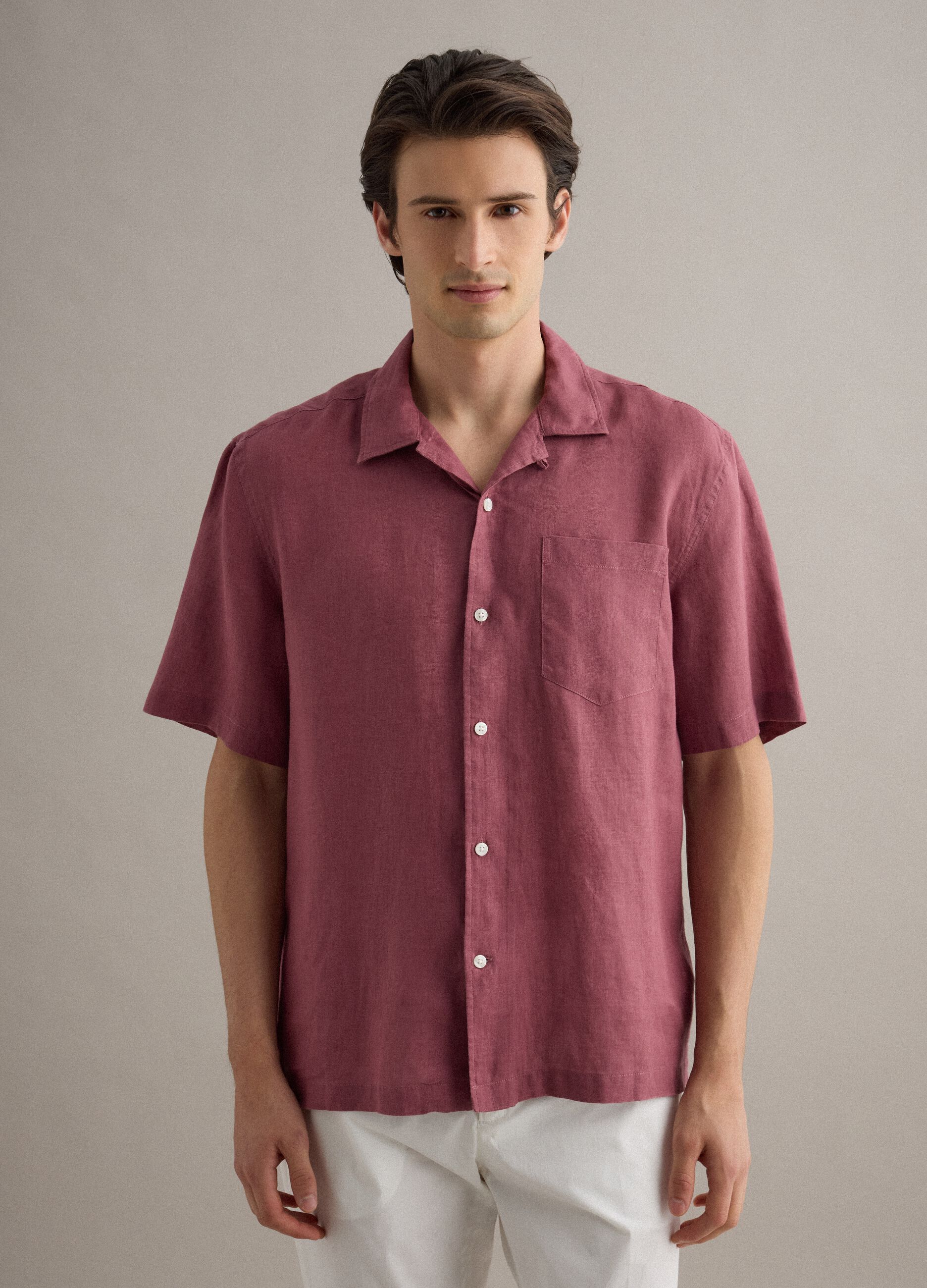 Regular fit pink short sleeve pure linen shirt with pocket